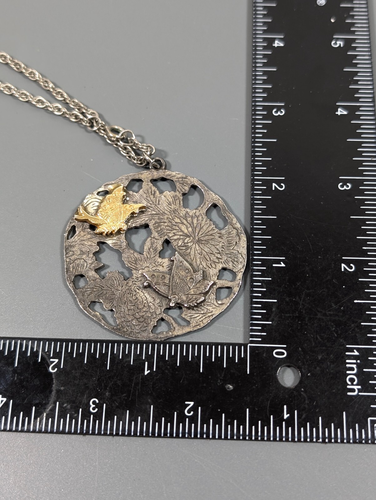 Vintage Alva Museum Replicas Butterfly Flower Medallion Pendant Necklace 25 in