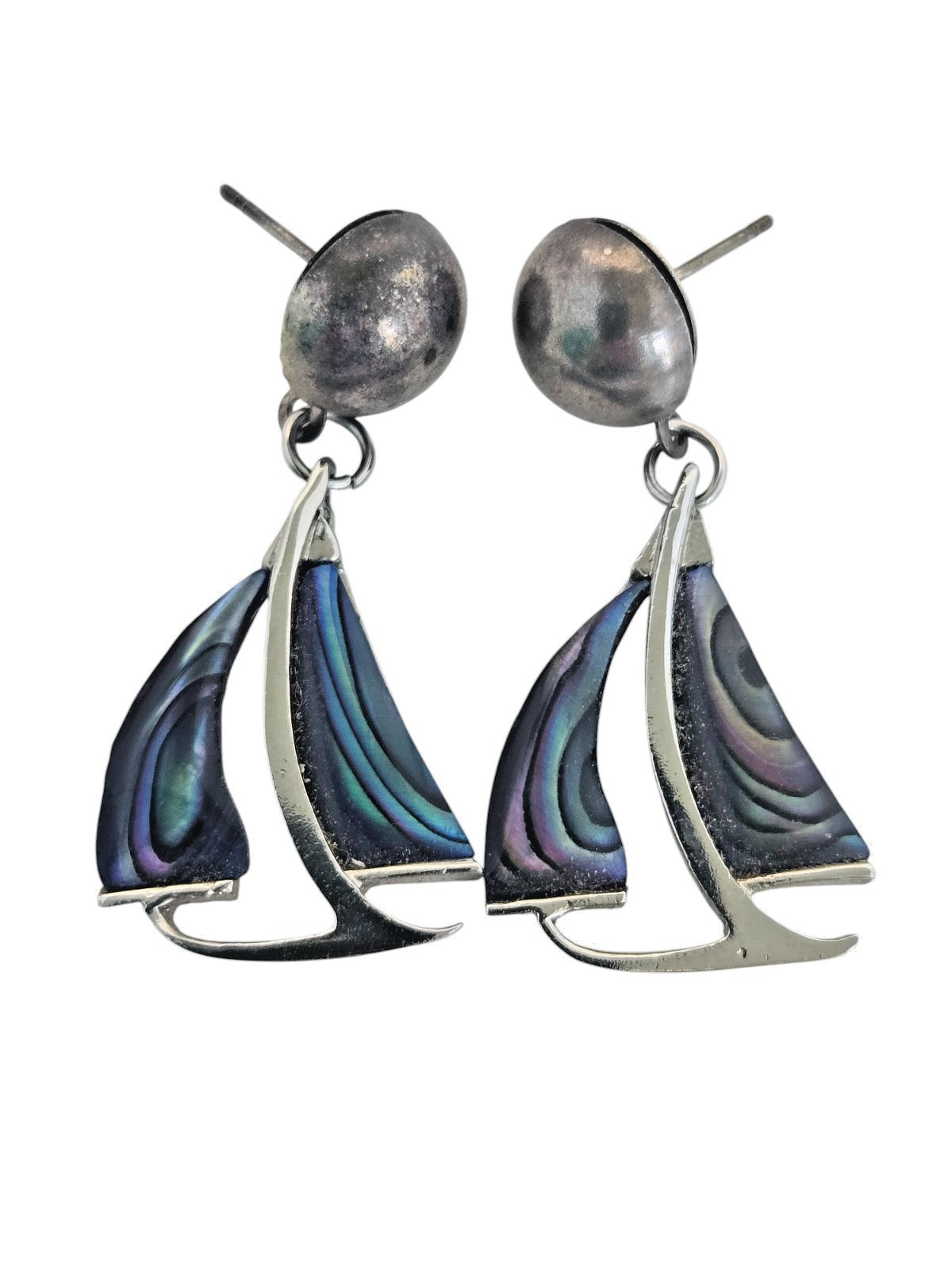 Vintage Silver Tone Blue Paua Abalone Sailboat Drop/Dangle Earrings