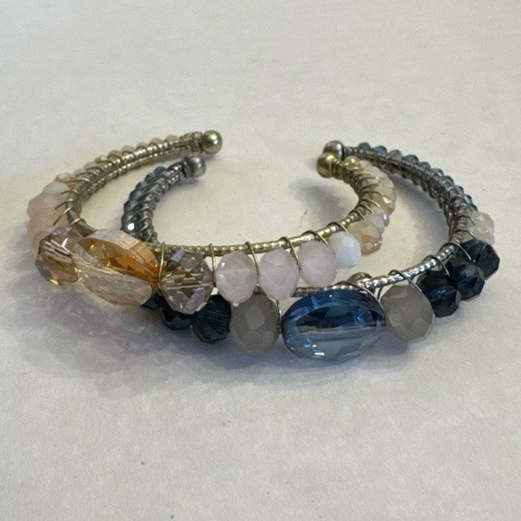 LOT of 2 AB Faceted Crystal Cuff Bracelets Pink and Blue Jewelry Bundle