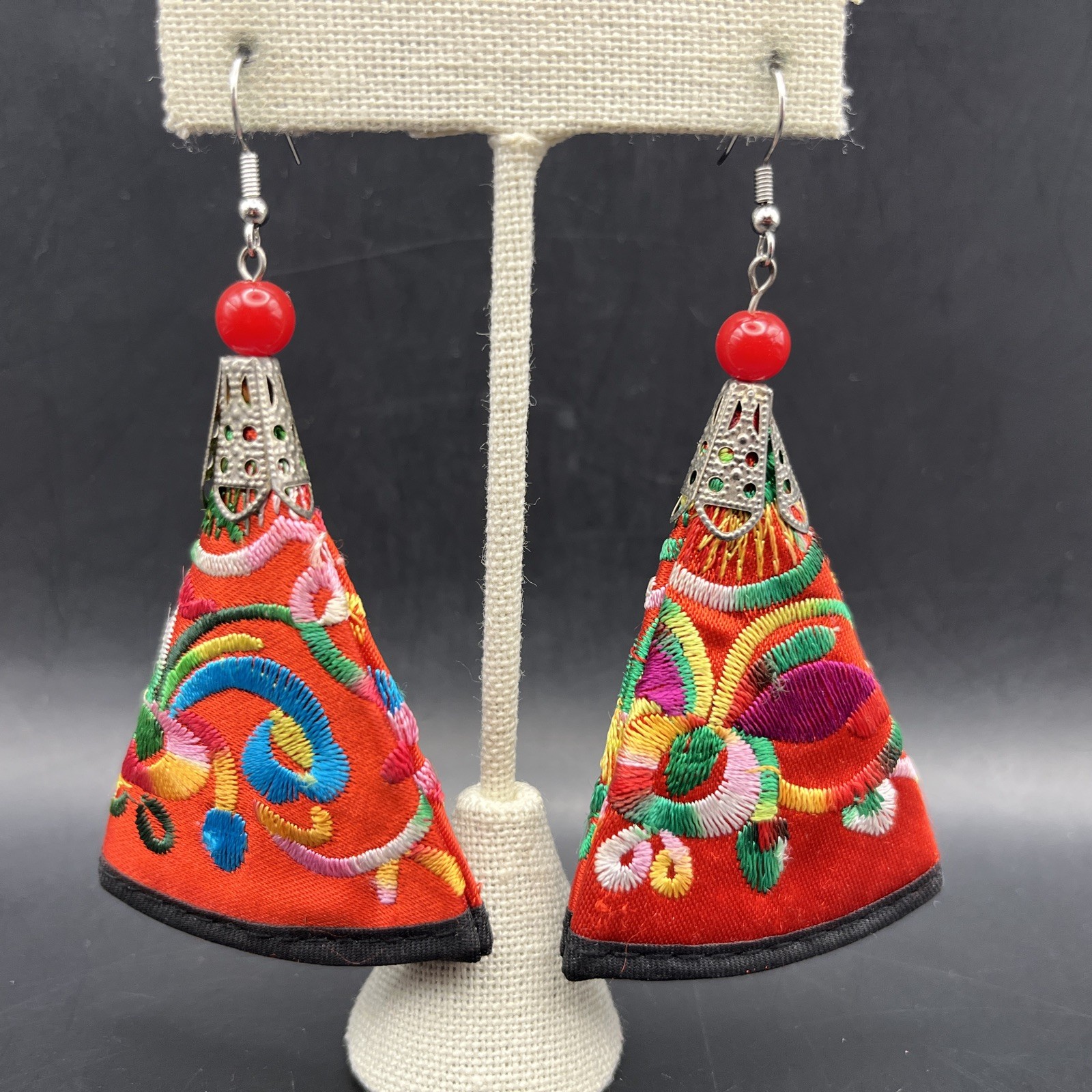 Colorful Embroidered Earrings Drop Dangle Hook Red Vibrant Bright Bold Boho