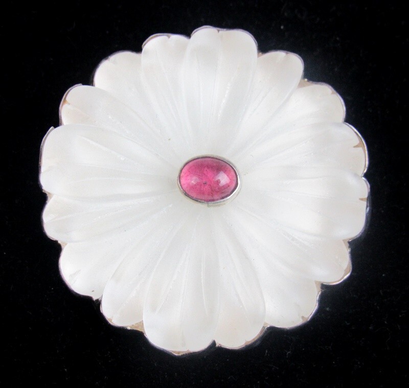 Vintage Amy Kahn Russell Frosted Glass Sterling Silver Flower Brooch Pin Pendant