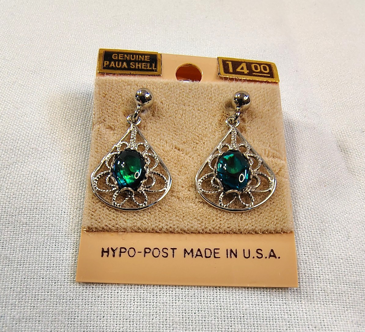 Vintage Paua Shell Silver Tone Earrings Abolone Blue Green Teardrop Filigree