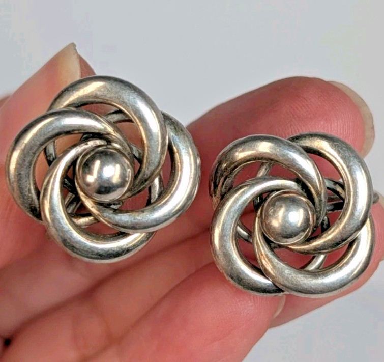 Vintage 50s Sterling Silver 925 Swirl Lovers Knot Screw Back Earrings