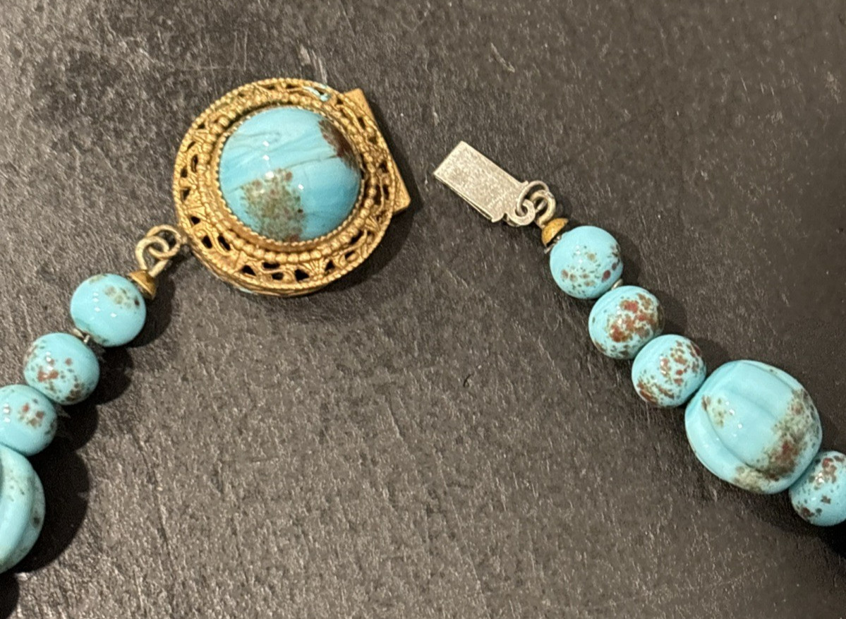 Antique Faux Turquoise Slag Glass Bead Beaded 16 1/2″ Necklace Textured Beads