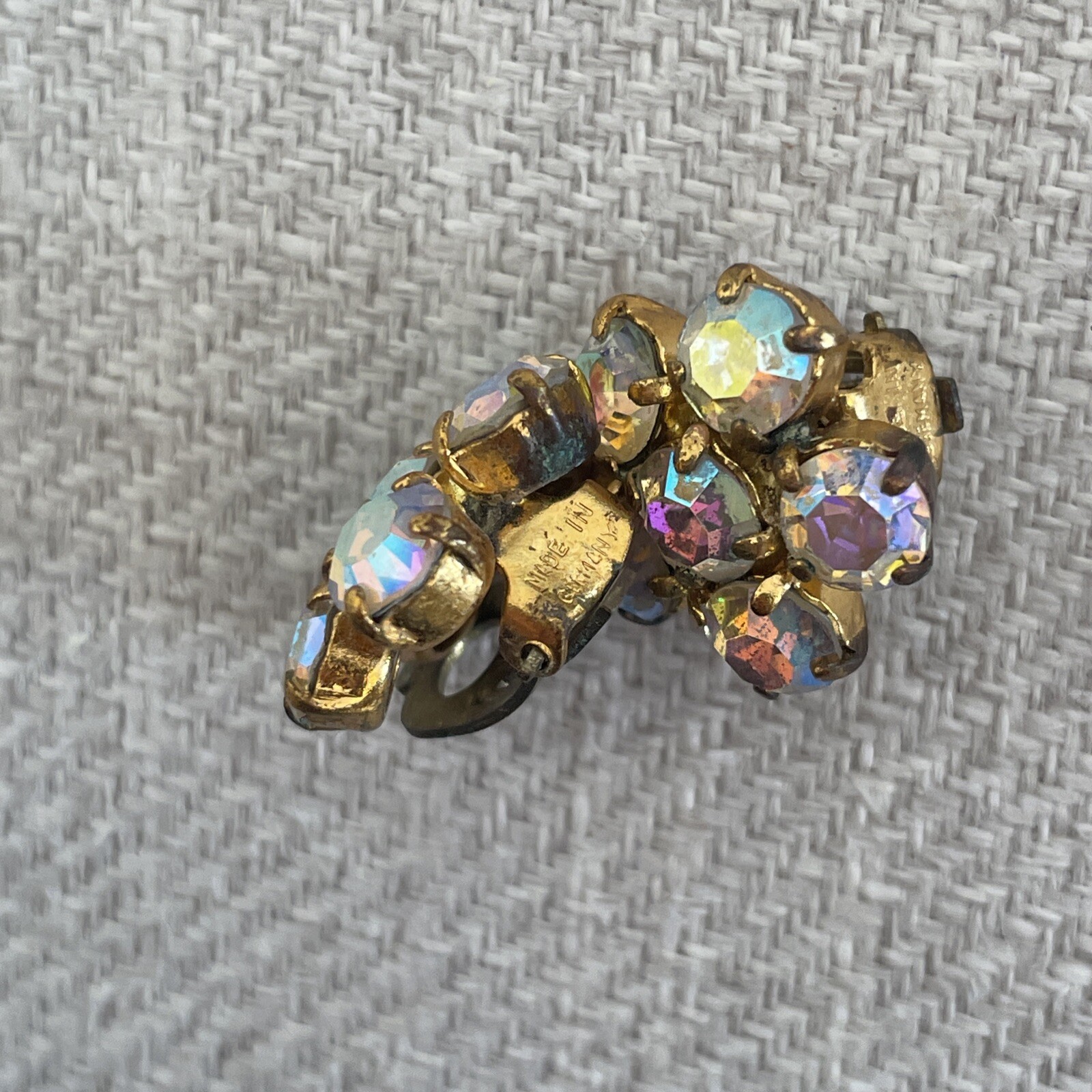 Vintage Floral Cluster Rhinestone Crystal Clip On Earrings Aurora Borealis