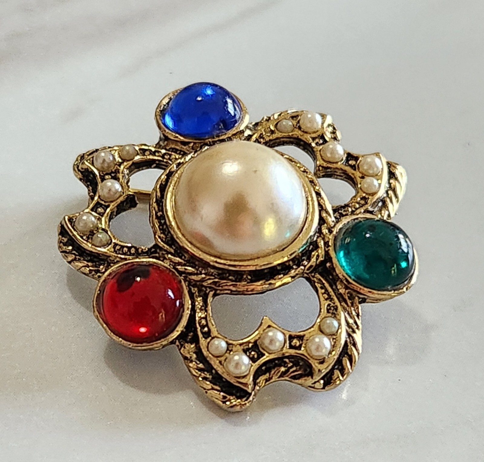 Vintage Faux Cabochon Pearl, Emerald, Ruby, & Sapphire Gold Tone Brooch