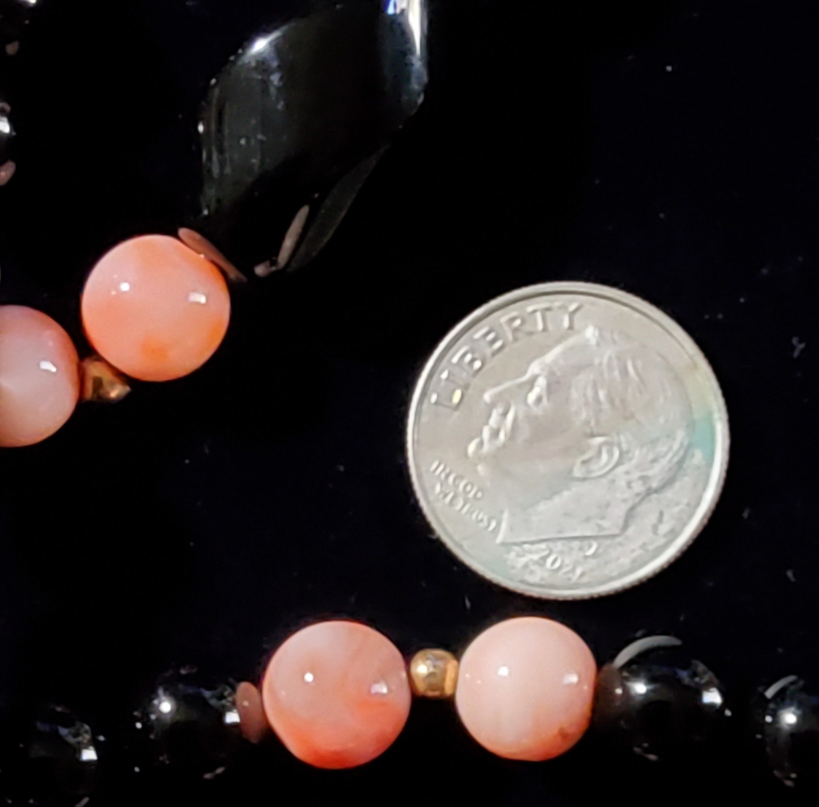 Vtg Black Onyx And Pink Angel Skin Coral Art Deco Necklace / 14kt Gold Fill…