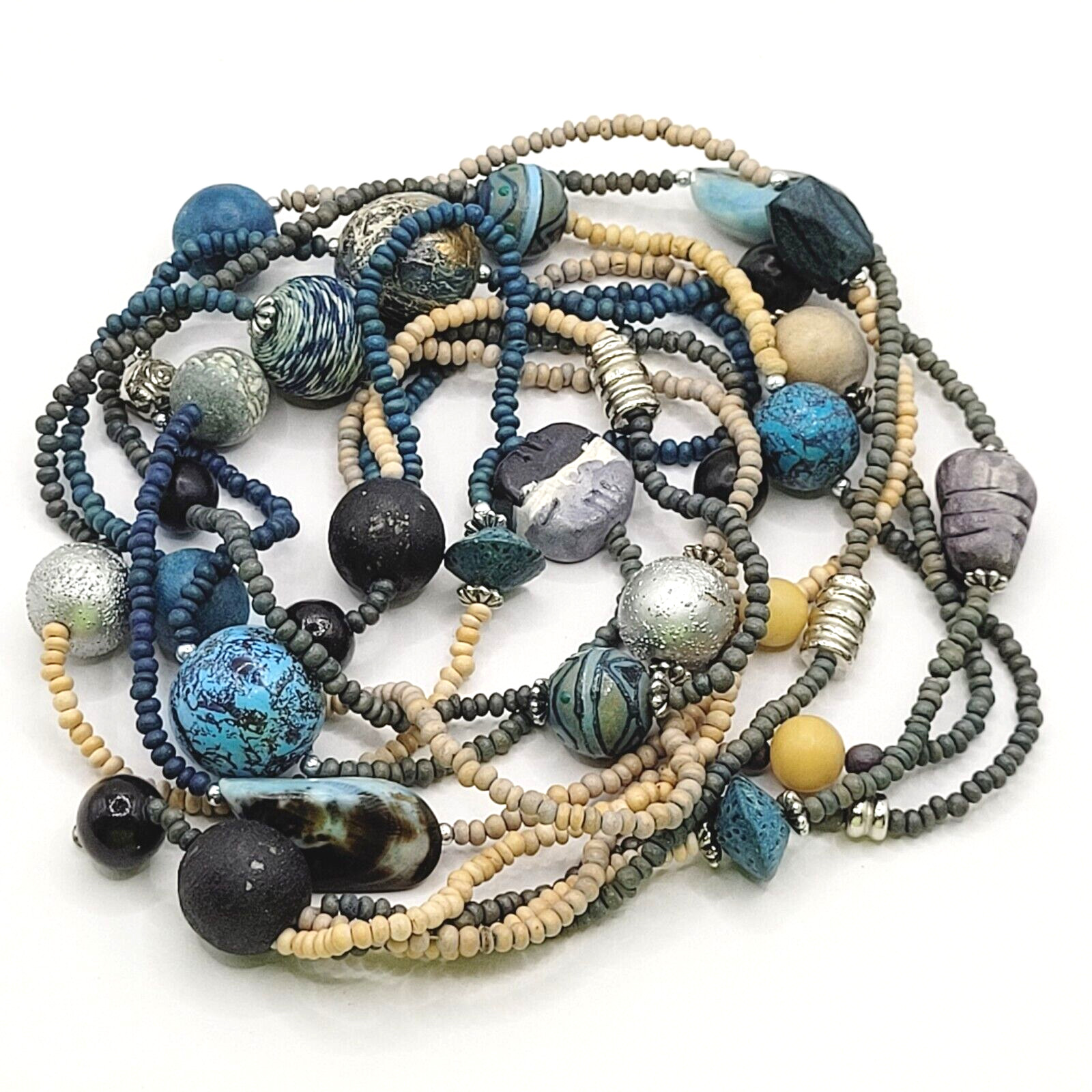 Peacock Blues Silver Tone Multi Strand Unique Bead Styles Vintage Necklace 24 In