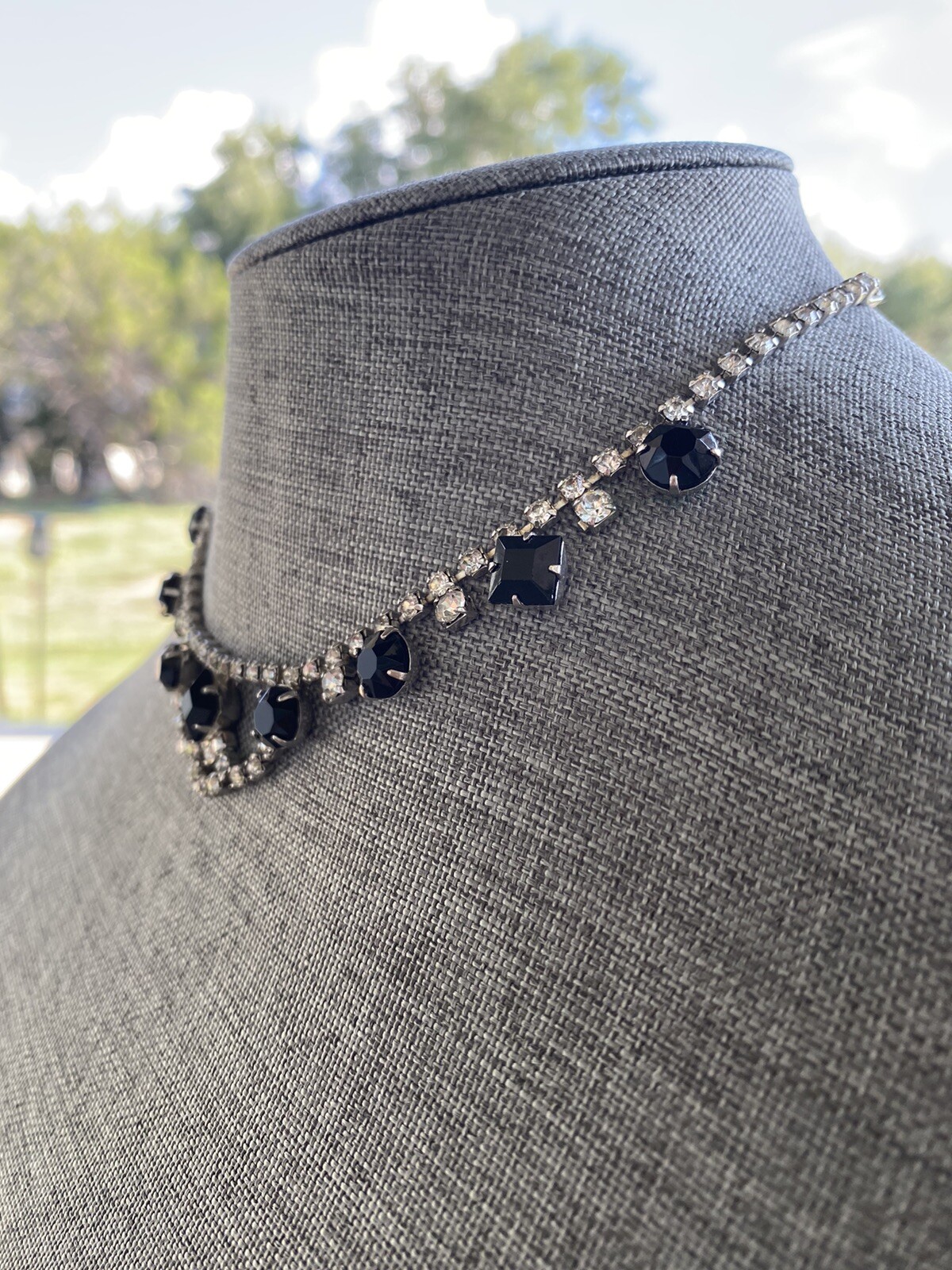 Vintage Chocker Necklace Hook Clasp 14” + 1” Rhinestones Clear Black
