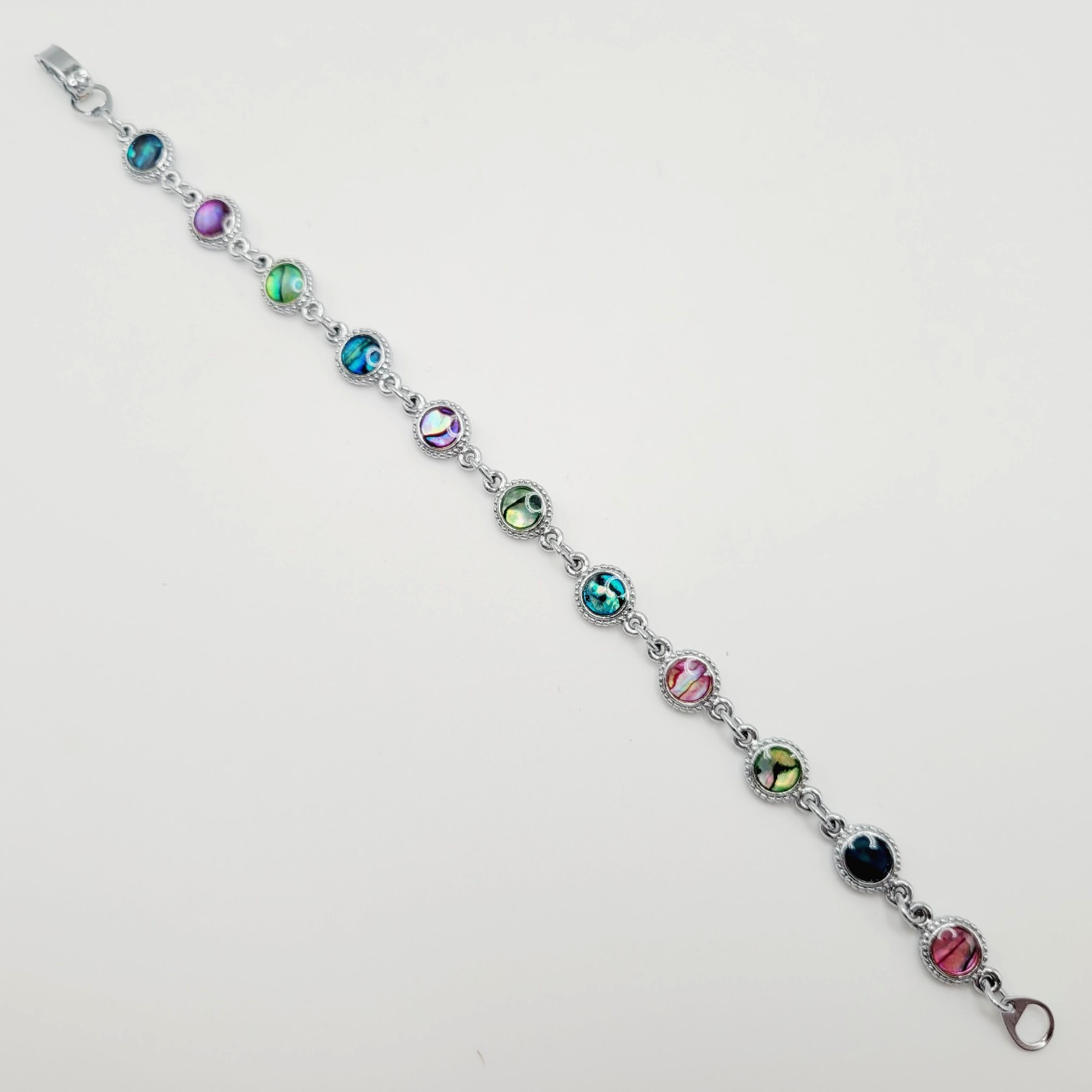 Signed SJ Colorful Paua Abalone Shell Silver Tone Link Vintage Bracelet 7.25 in