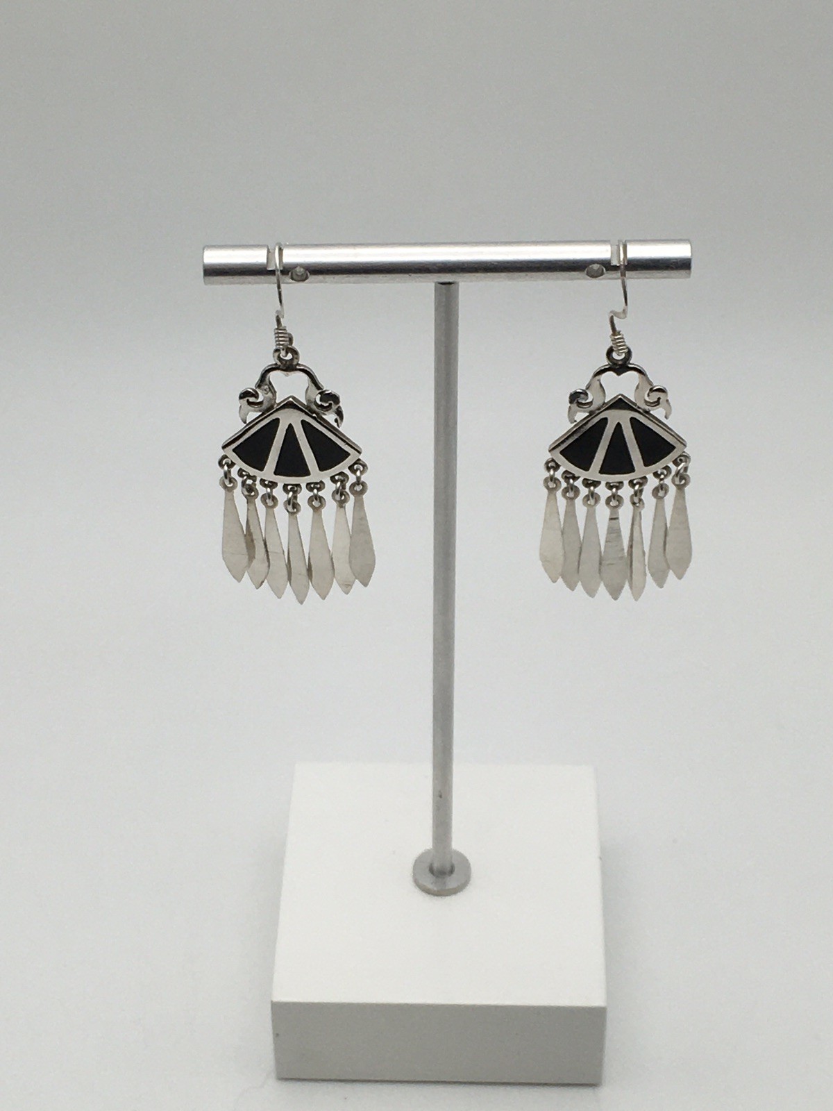 Vtg Sterling Silver Southwestern Black Inlay Dangle Earrings Marked 925 6.7g #41