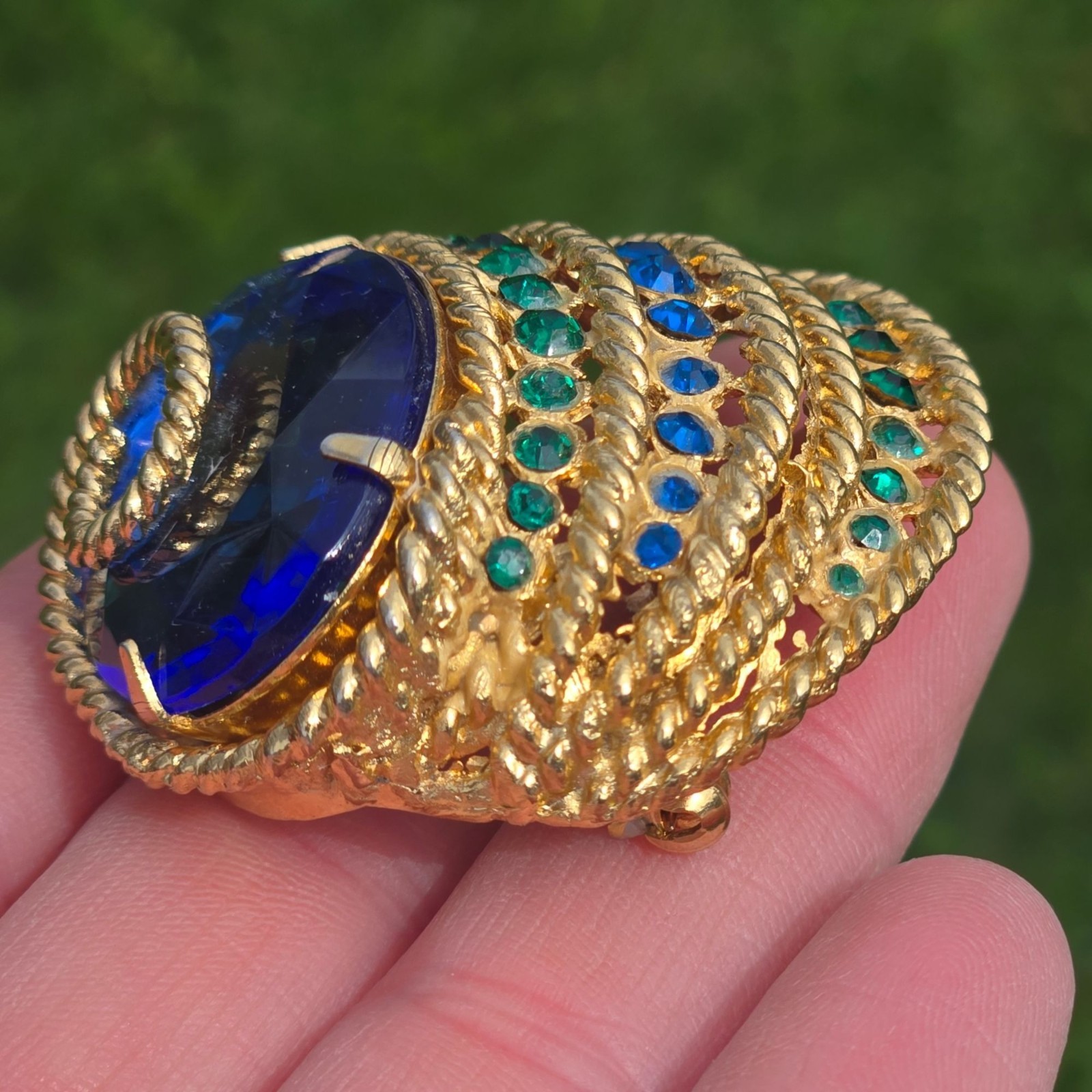 Vintage Corocraft Blue Glass Brooch Rhinestone Designer Jewelry Egyptian Revival