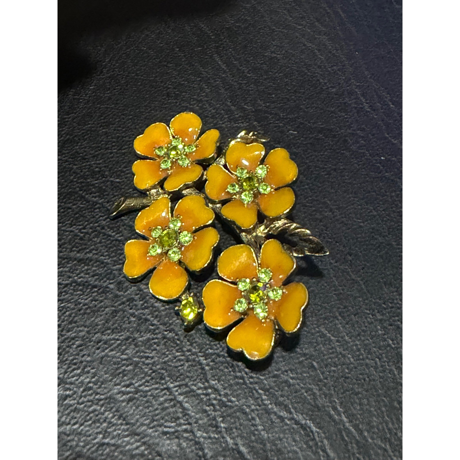 Floral Brooch Women Yellow Enamel Green Rhinestone Floral Cluster Unbranded