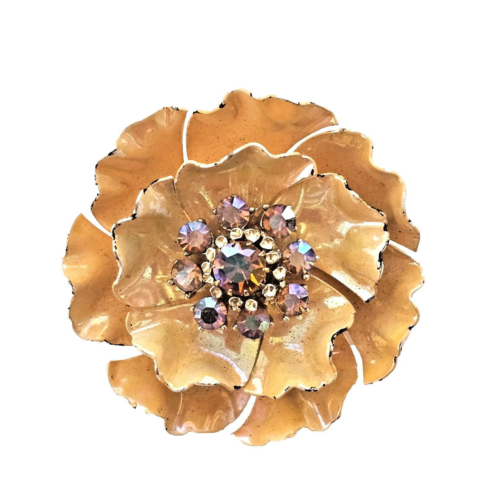 VTG Coro Yellow Poppy Flower Brooch 22 AB Rhinestones Glazed Enamel 2″ Retro MCM