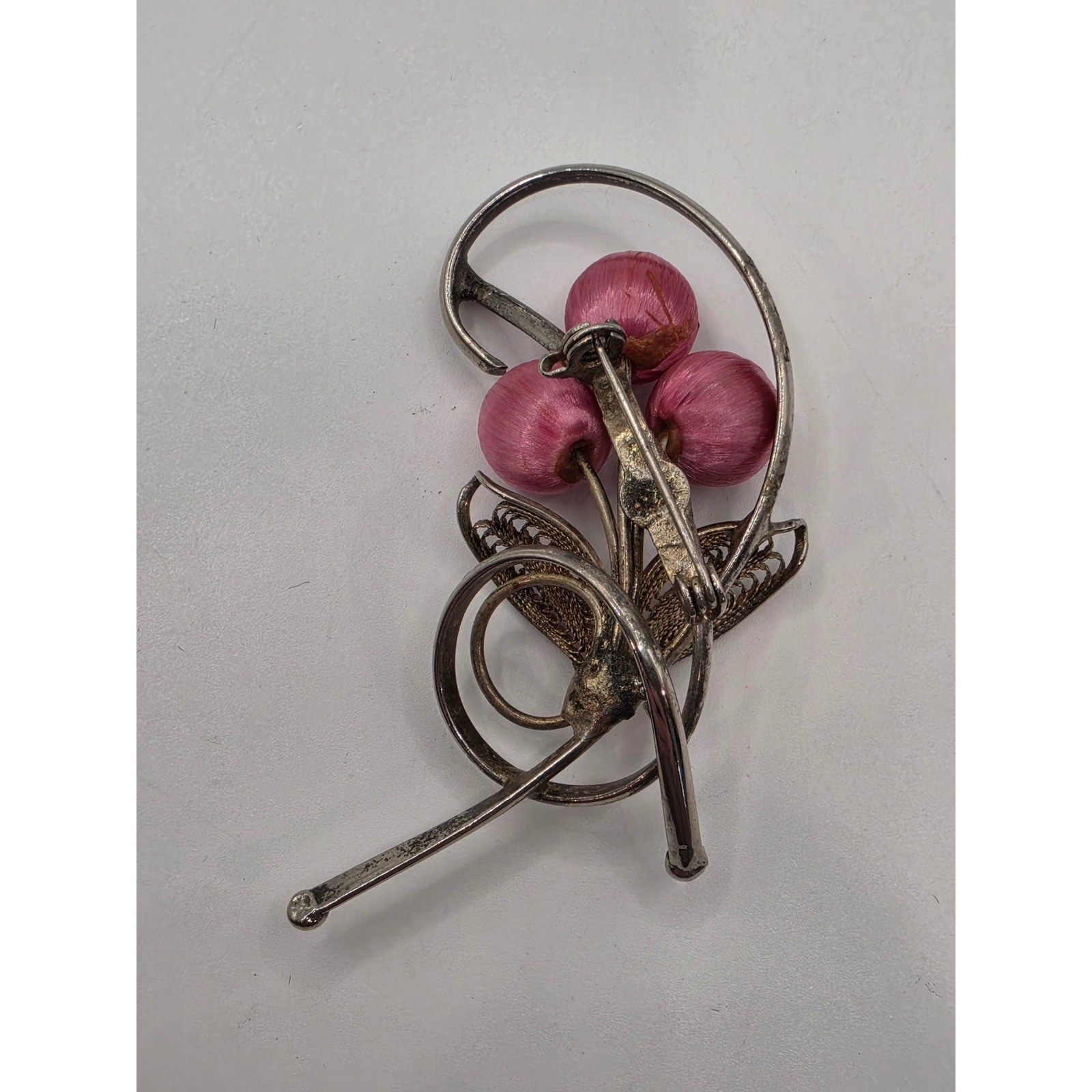 Vintage Silver Tone Pink Satin Wrapped Bead Floral Spray Filigree Brooch Pin
