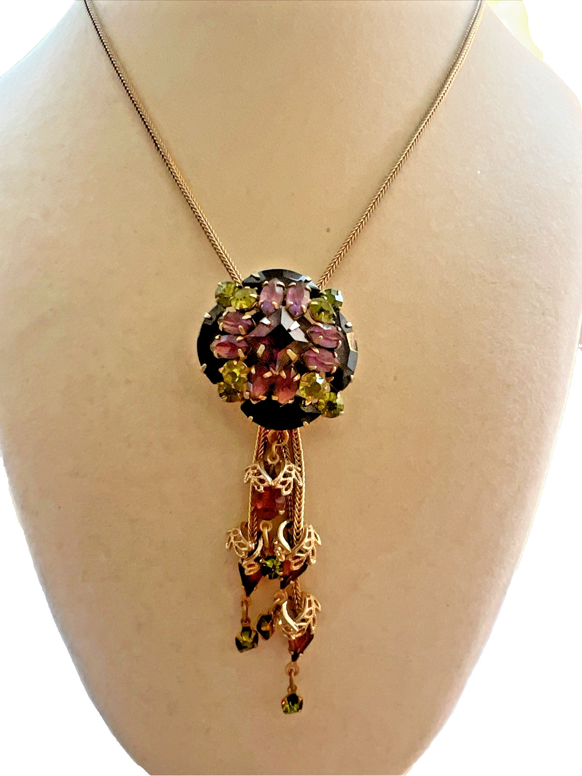Vintage Shades of Purple & Olive Green Rhinestone waterfall Pendant Necklace 16″