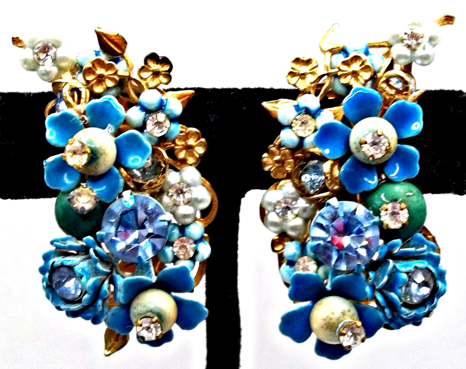 Vintage 50’s Blue Enamel Forget Me Not Pearl Rhinestone Earrings ROBERT DE MARIO