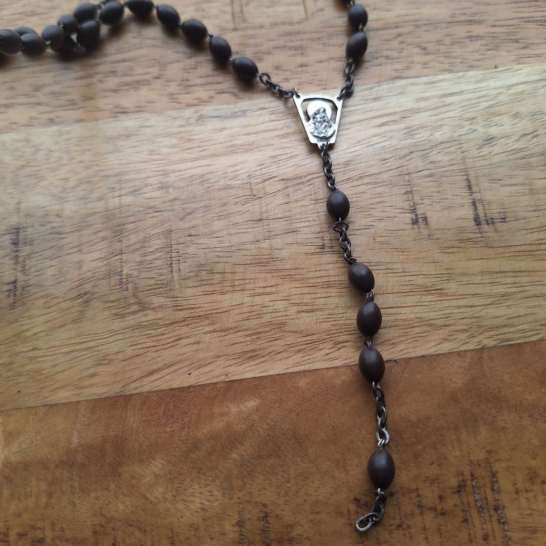 Vintage Italy Rosary Necklace Religious Wood Beads Silver Tone Pendant