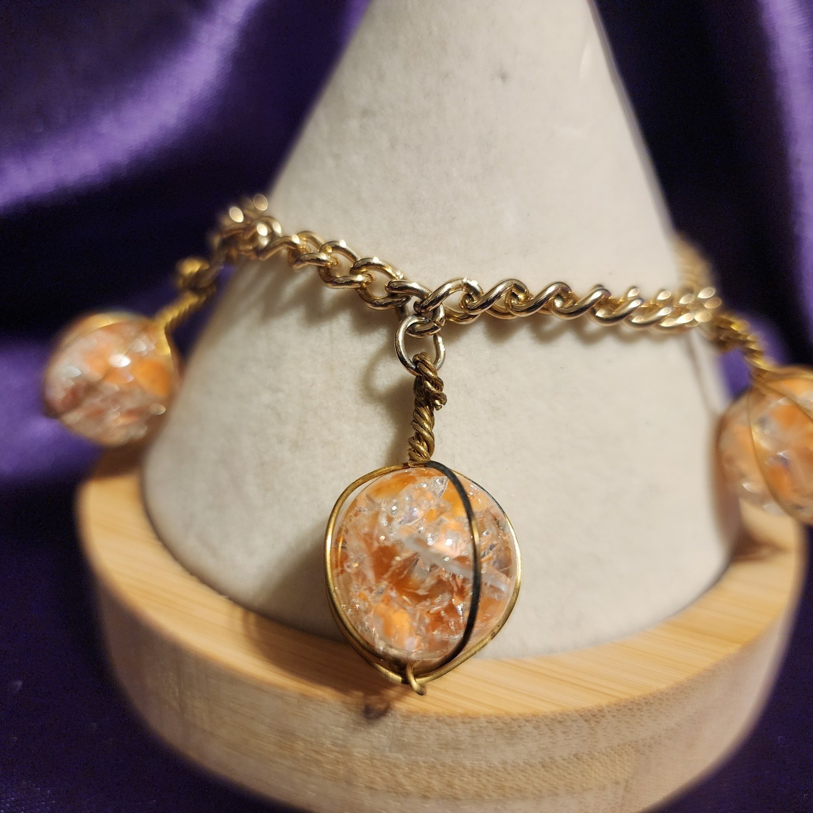 Orange Crackle Glass Orb Wire Wrapped Charm Bracelet Size 6.5