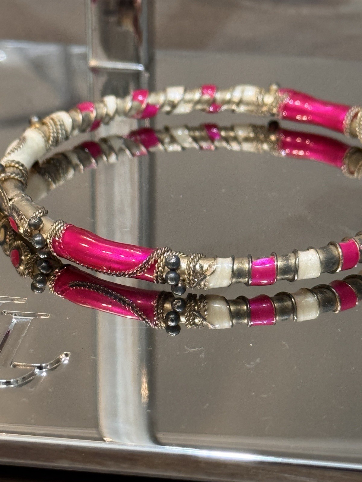 Vintage Pink Gold Ivory Ornate Enamel Bangle Bracelet And Earring Set Stunning