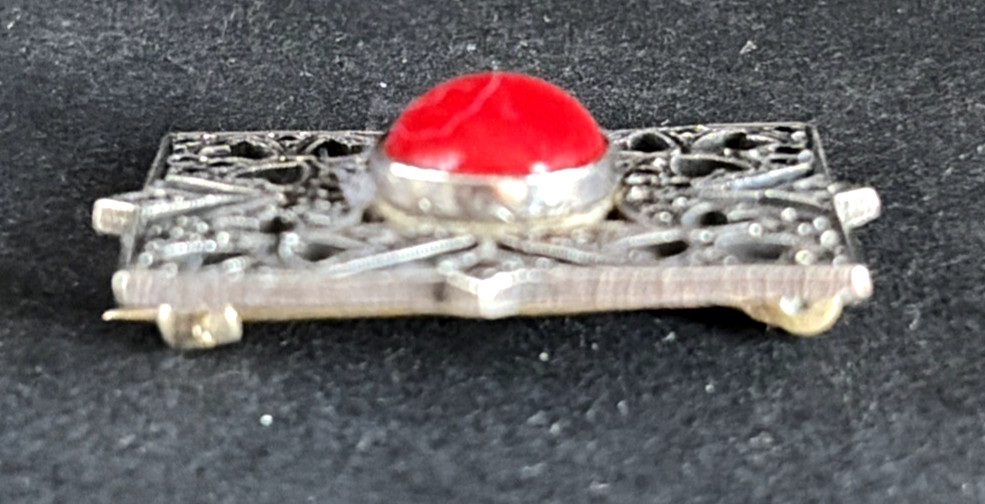Vintage Art Deco Sterling Silver Coral & Marcasite Brooch Pin Tested 4.9g