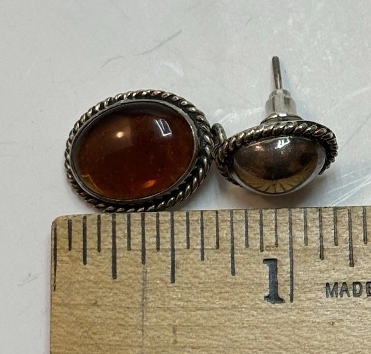 Vtg 925 Sterling Amber Cabochon 1-1/4” Dangle Drop Post Earrings Mexico 8g