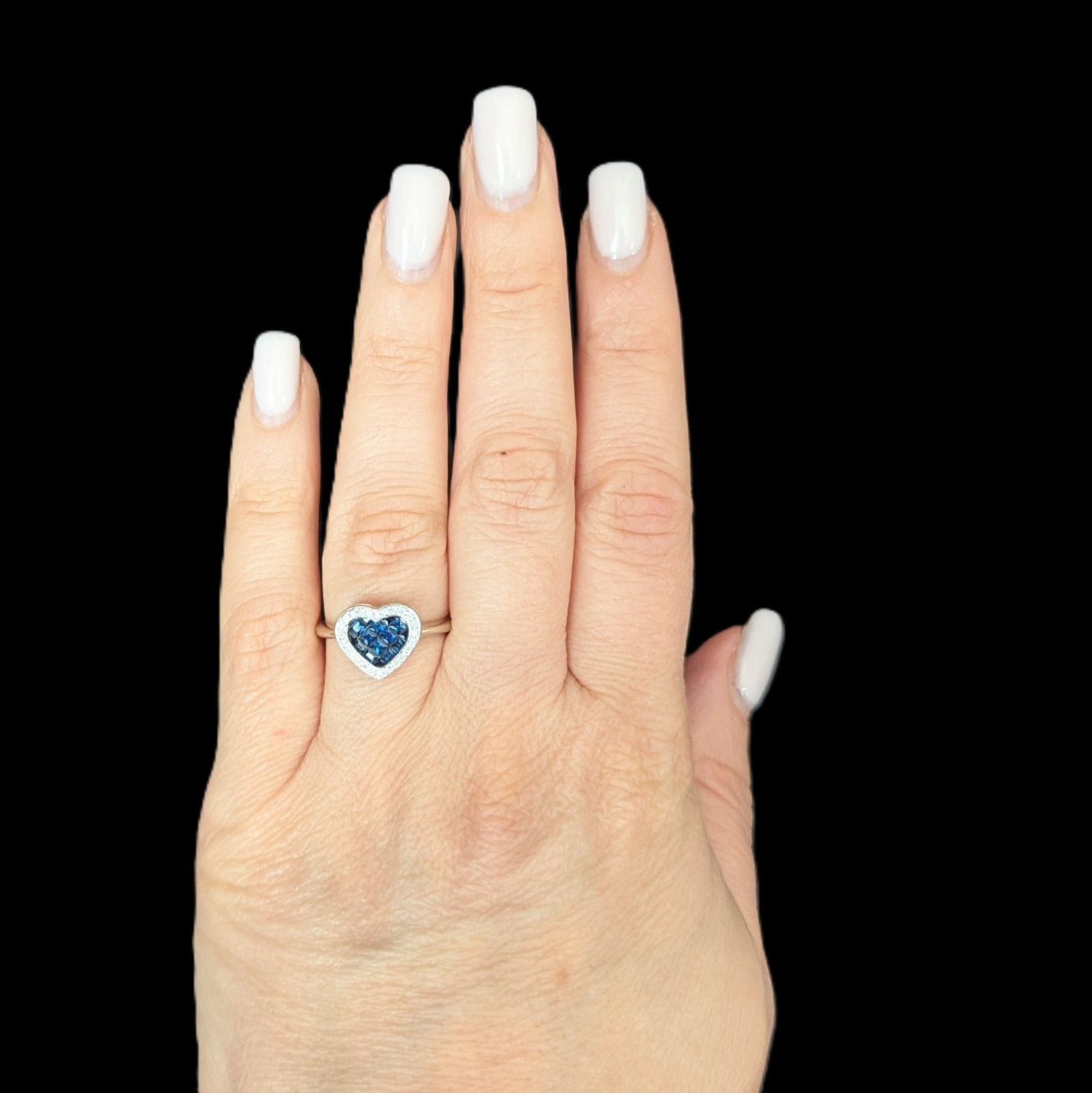 Estate Invisible Set Sapphires Diamonds 14k White Gold Heart Ring William Lam Co
