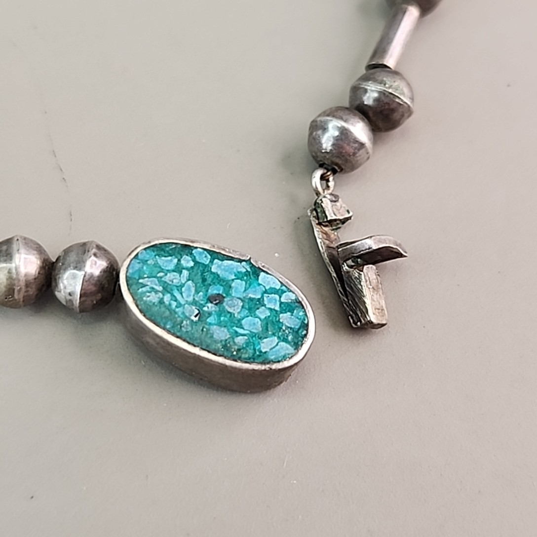 Vintage Mexican Necklace Sterling Silver Turquoise Chip Inlay Fringe Eagle 2