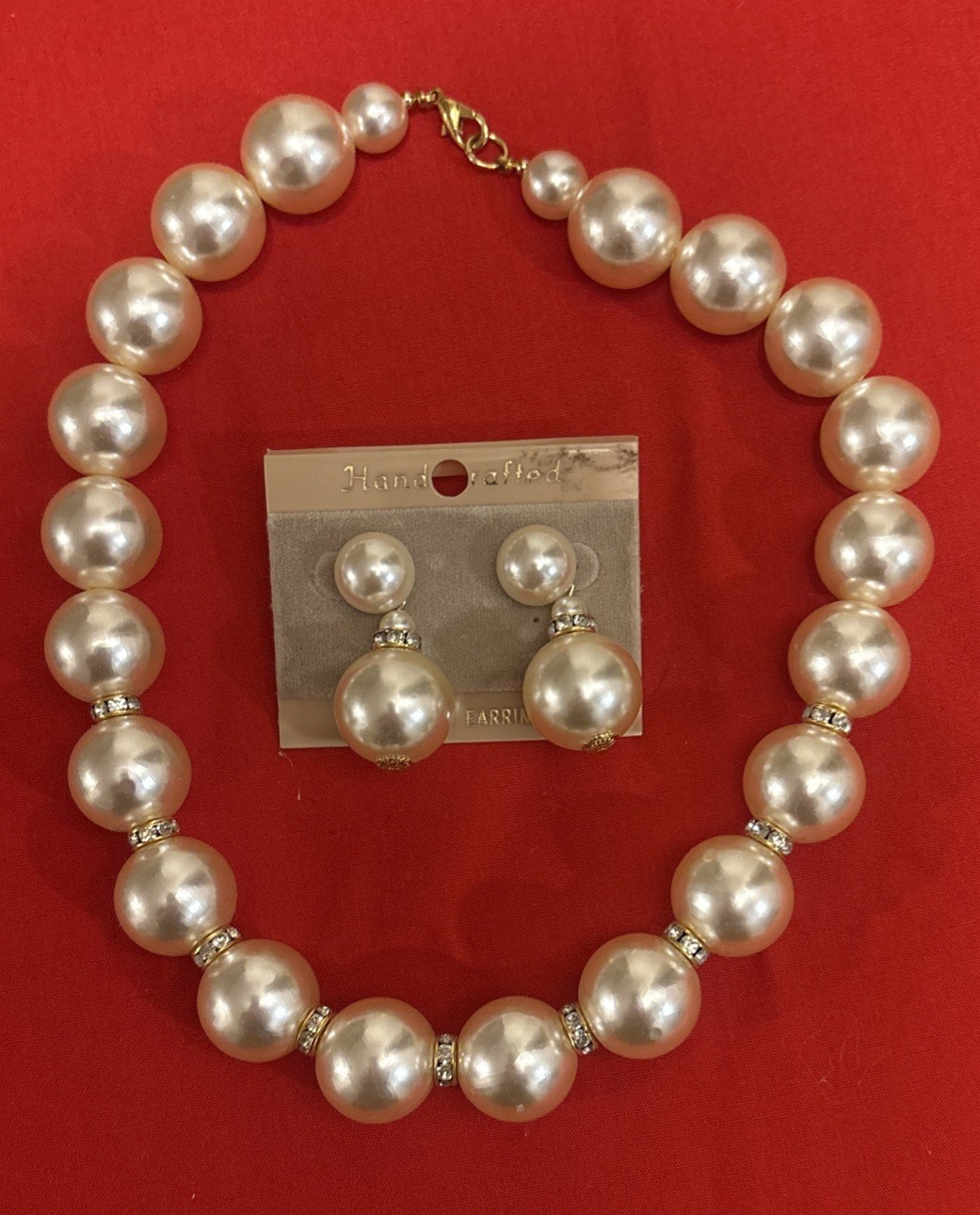 Vintage Women’s Pearl And Rhinestone Necklace And Earrings Set