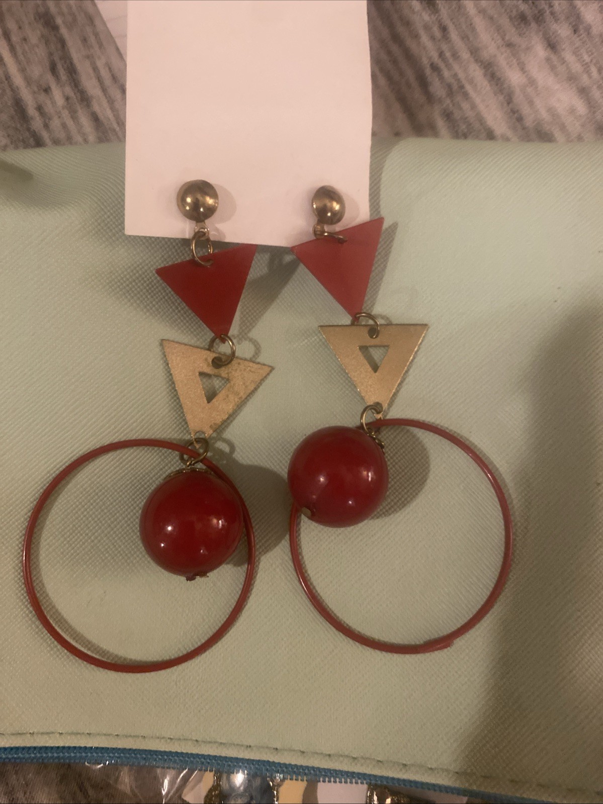 Vintage Red And Gold Tone Triangle & Circle Dangle Earrings