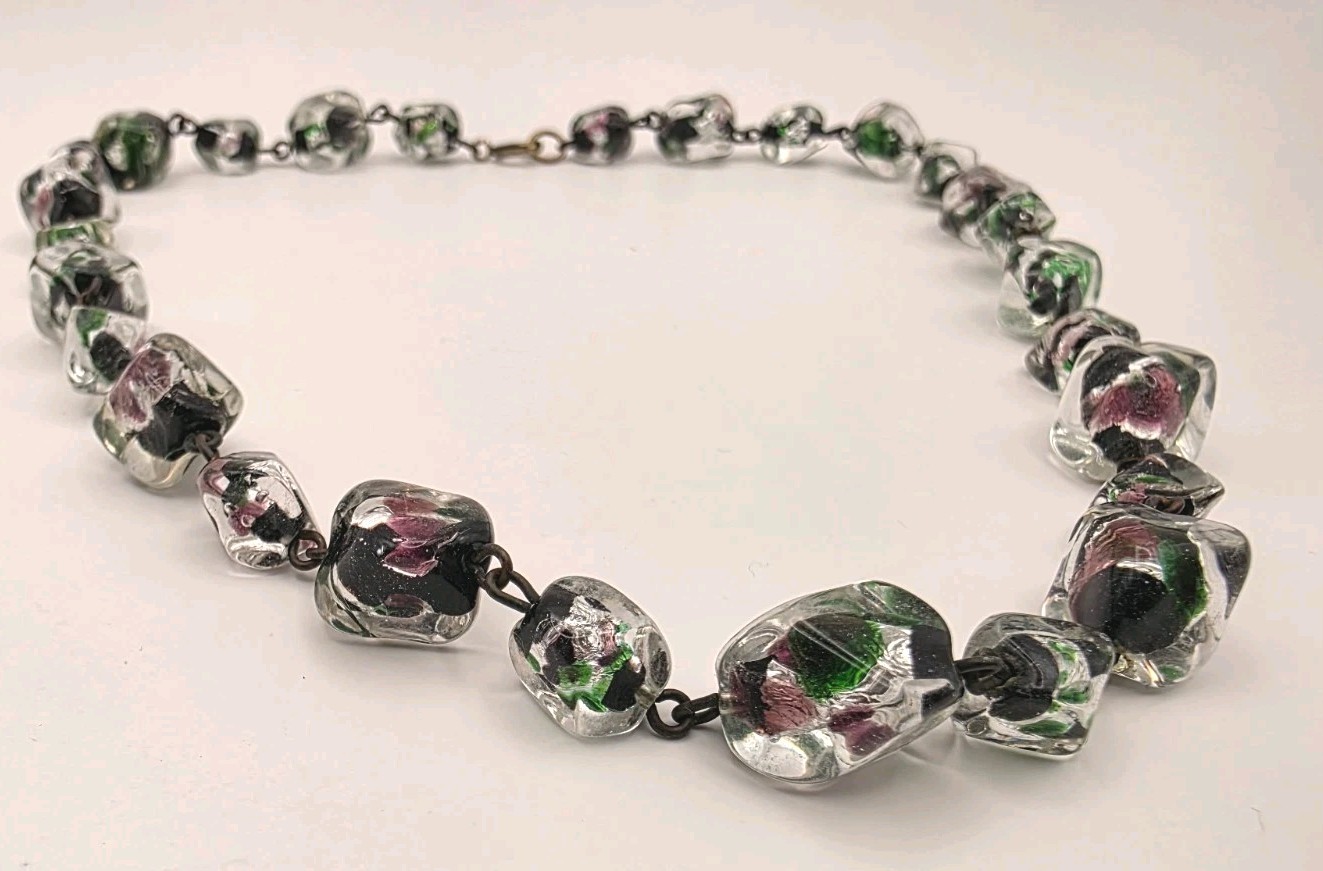 Vintage Peacock Foil Back Encrusted In Venetian Murano Glass Beaded Necklace