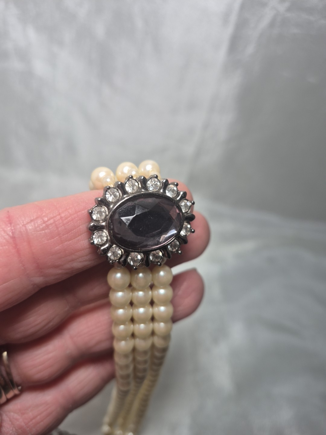 Vintage Faux Pearl 3 Strand Choker With Earrings Smokey Gray Rhinestones