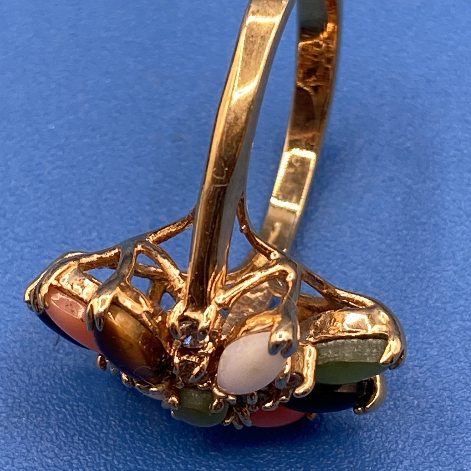 vintage RING sz 8 cluster natural stones opal coral onyx jade tigers eye GP