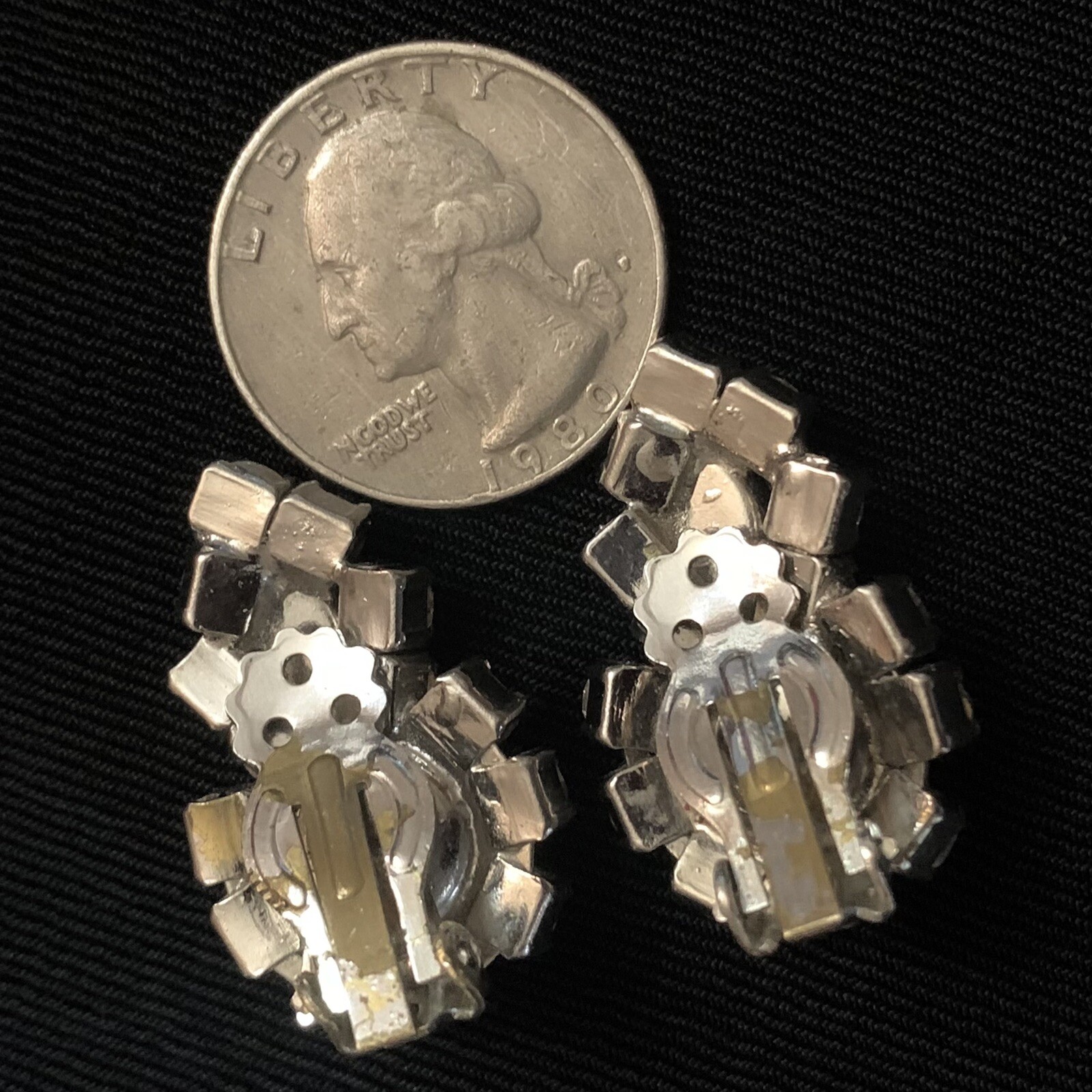Vtg Couture Clear Glass Rhinestone Cocktail Silver Tone Climber Clip Earrings