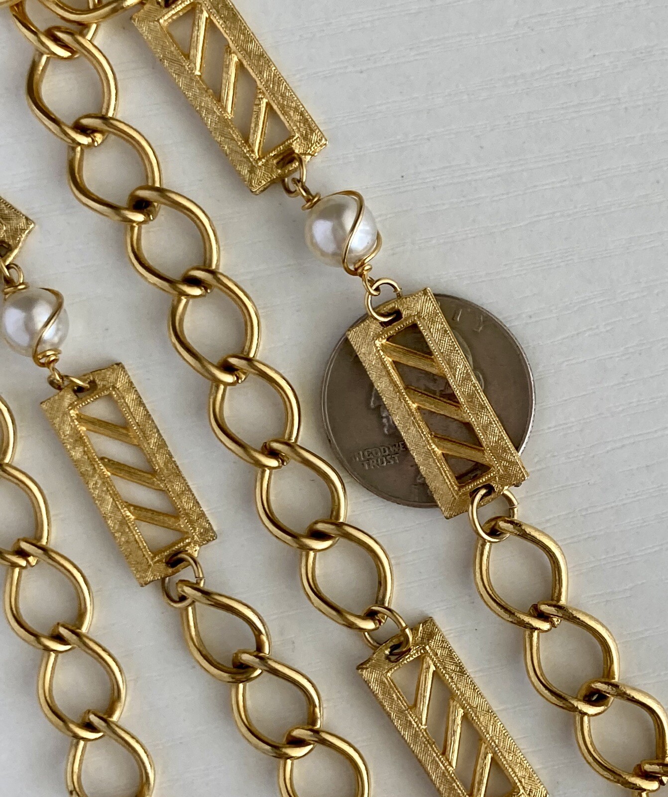 Vintage Gold Tone Bar Faux Pearl Station Oval Link Chain 52 inch Necklace 89.13g