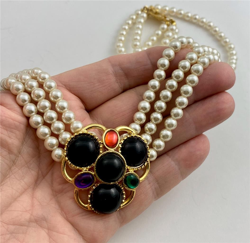 Triple Strand 6MM Pearl Necklace with Multicolor Cabochons Gold T. Center 17.5″L