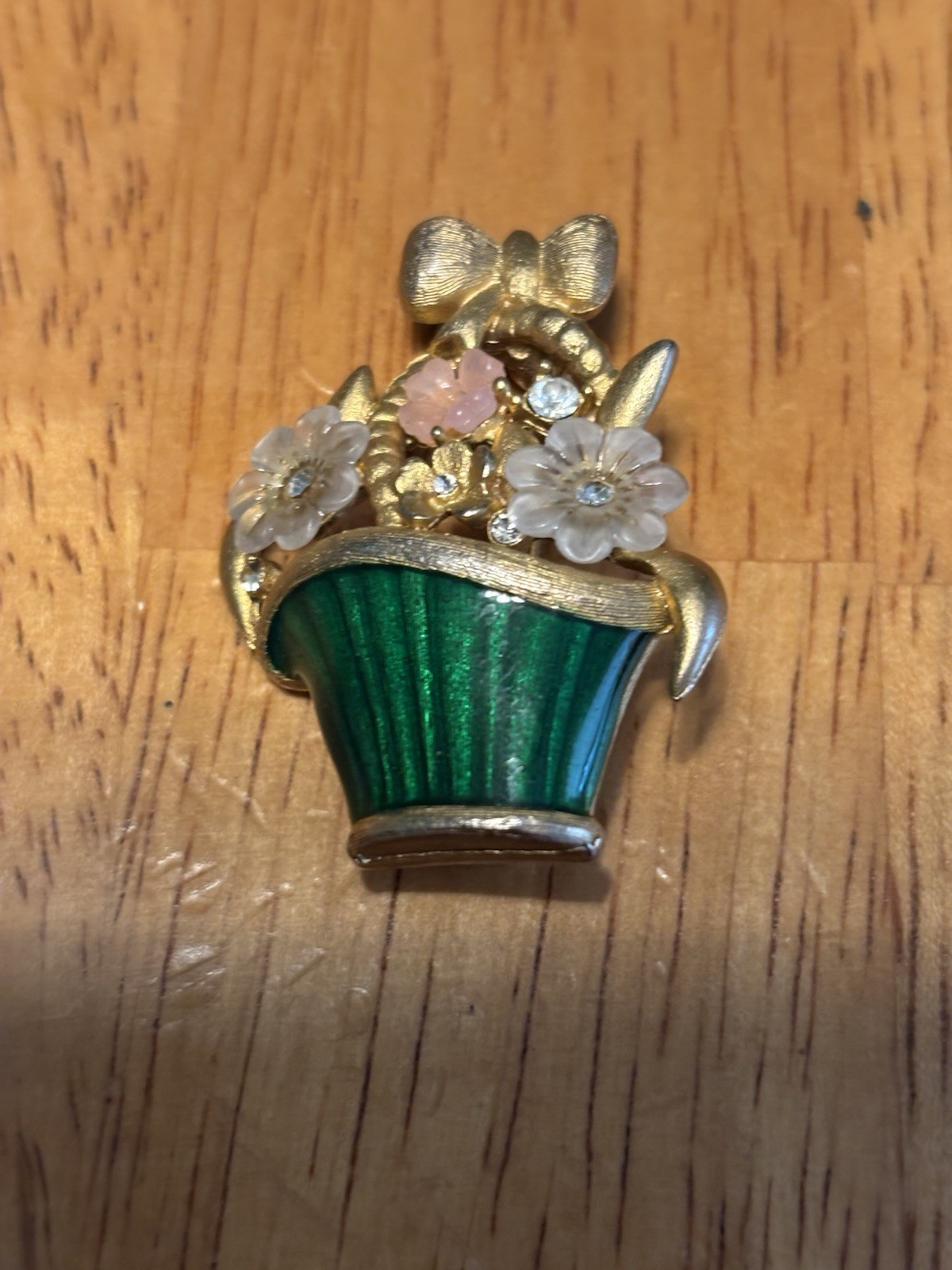 LIA Lucite Pink And White Blooms Green Enamel Flower Pot Brooch With Bonus