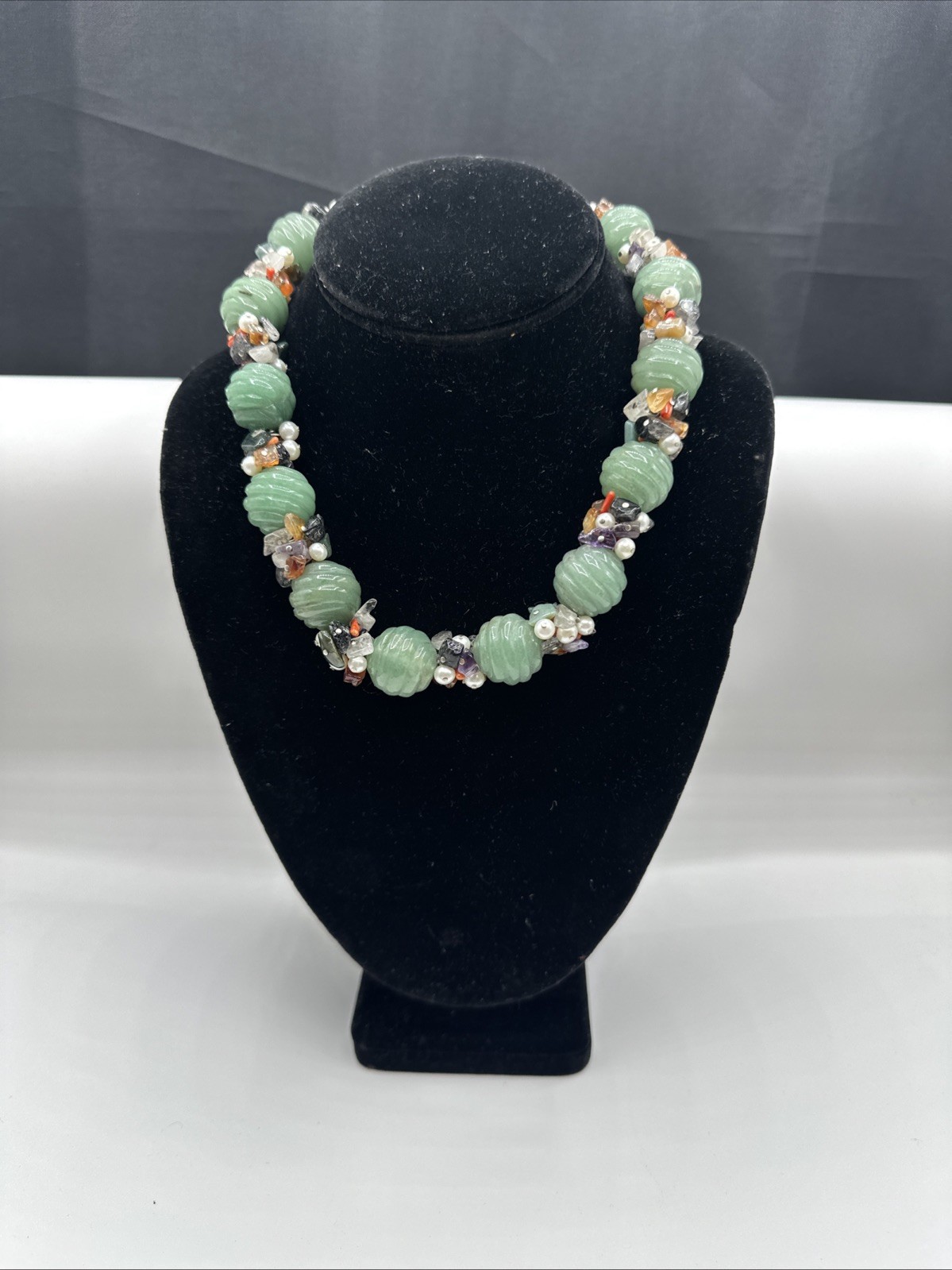 Unique Jadeite and Semiprecious Stones Vtg Necklace. Sterling Silver Closure.