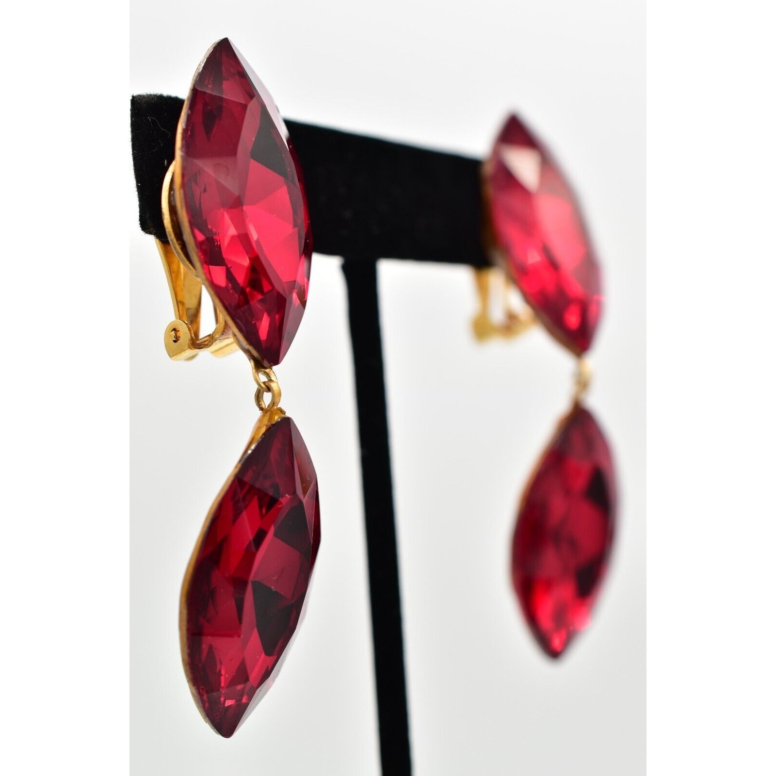 Vintage Red Crystal Clip On Earrings Drop Dangle Chunky Sparkling 1980s BinBK