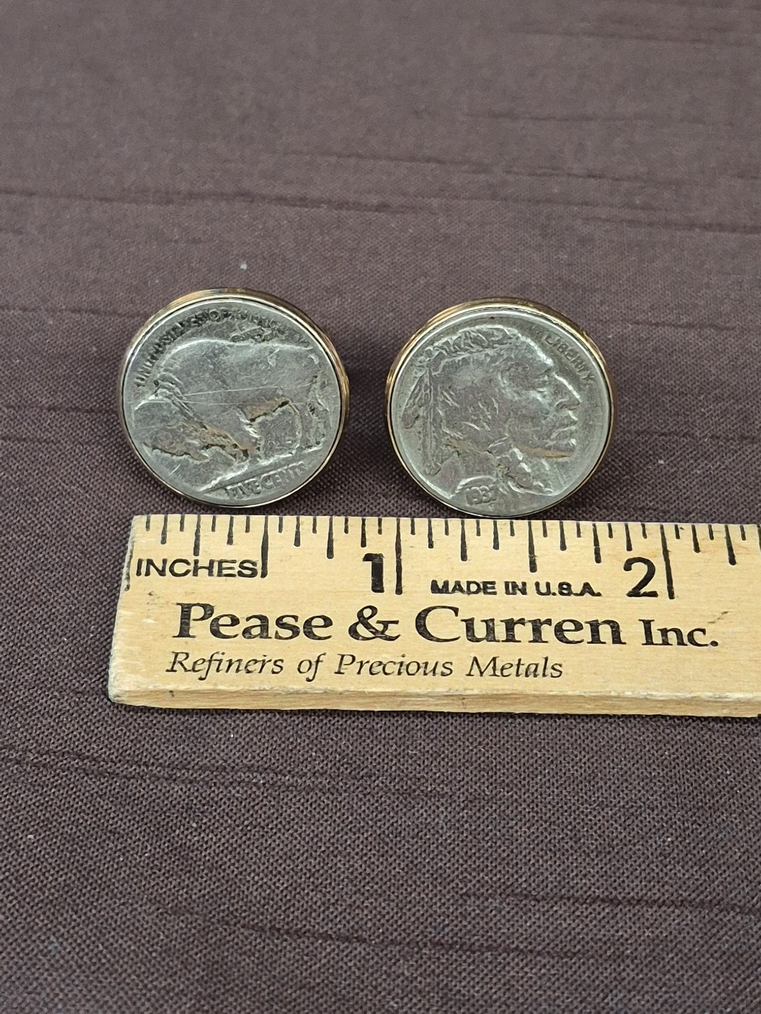 1937 Cufflinks Buffalo Indian Head Nickel Coins Set in Goldtone Bezel Mounting