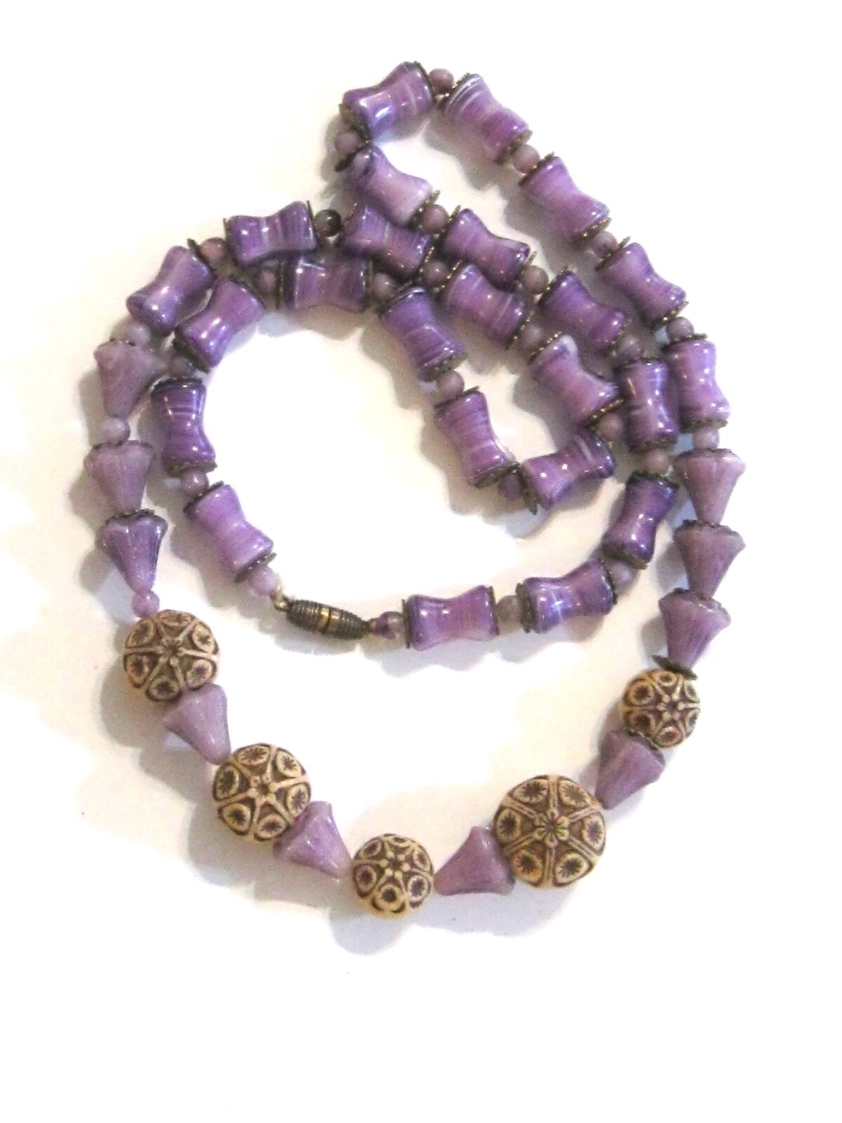 NEIGER BROS ANTIQUE ART DECO CZECH GLASS BEAD NECKLACE RARE PURPLE TAN FLORAL
