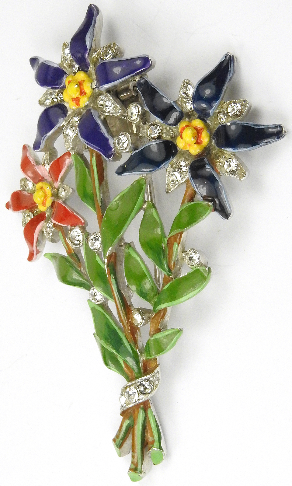 Trifari ‘Alfred Philippe’ Red Violet and Blue Enamelled Star Flowers Pin Clip