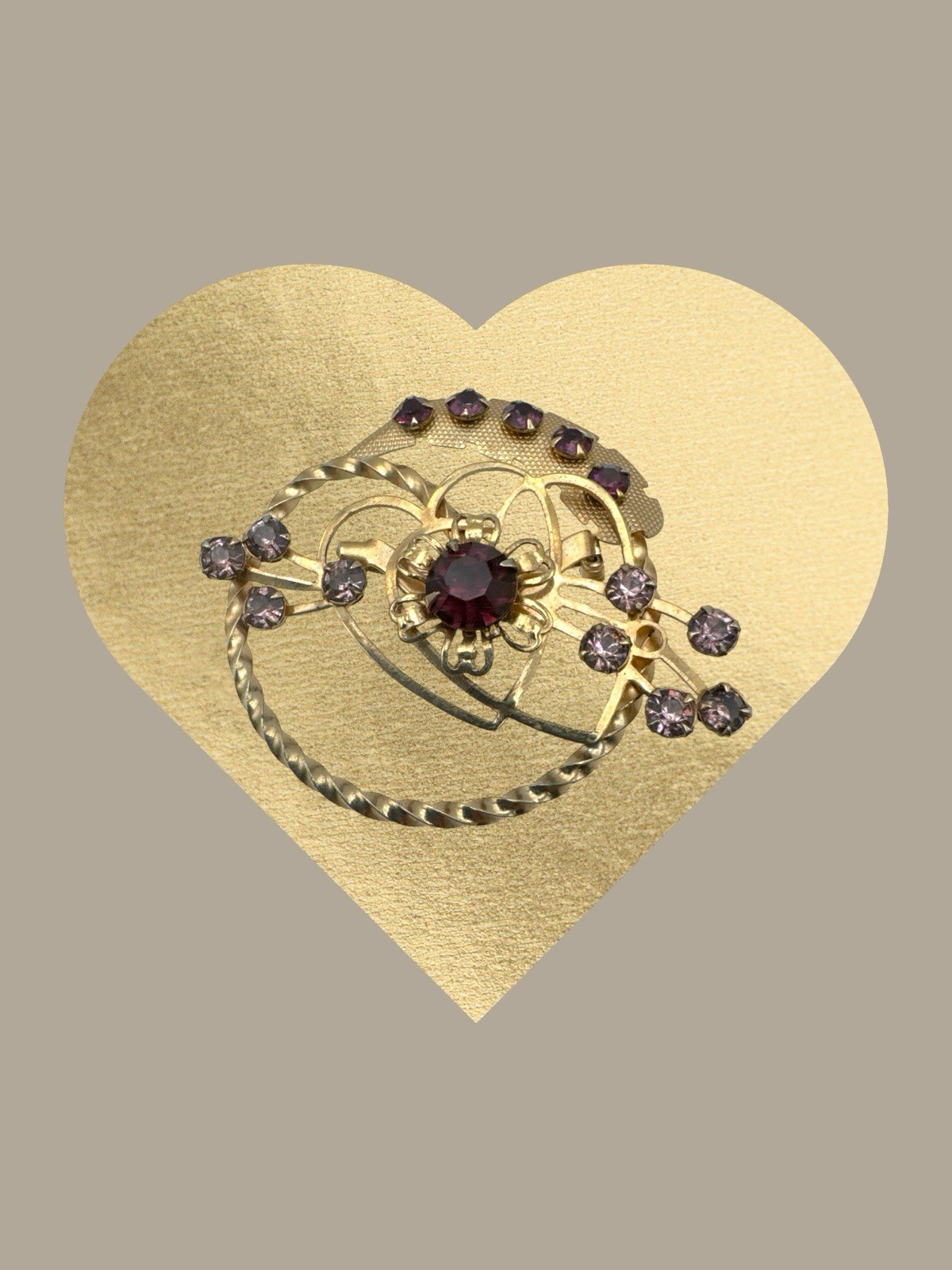 Vintage Gold Tone Heart Brooch with Purple Rhinestones