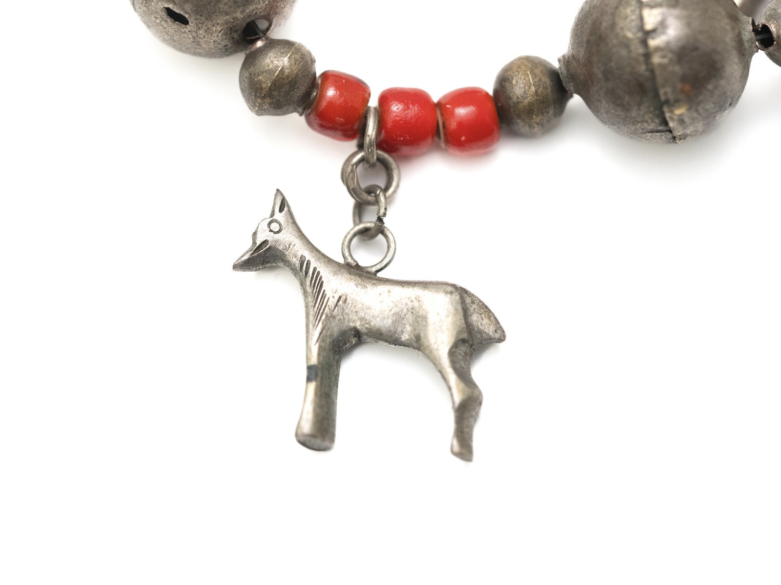 VTG Chachal Necklace w/ White Heart Beads, Guatemalan Coins, & Milagros Charms
