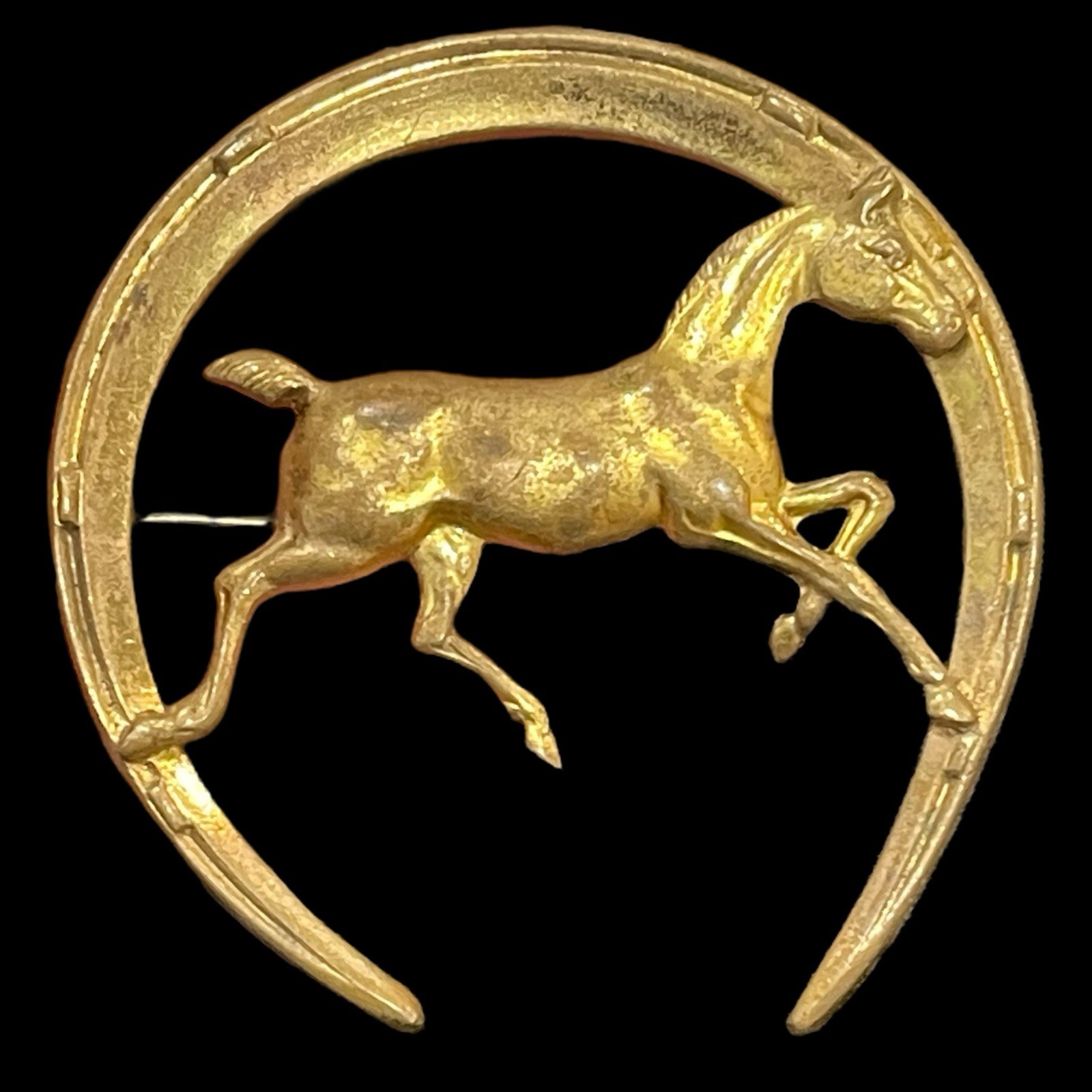 Horseshoe Pin Running Horse Riding Trotter Equestrian Brass Vintage Brooch Lucky