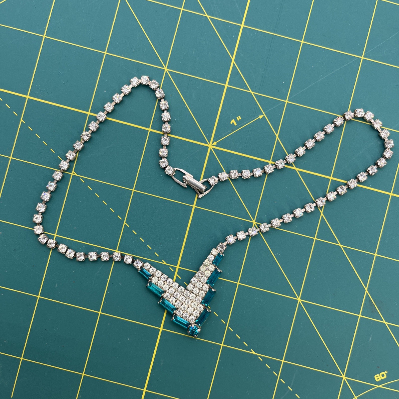 Vintage Blue And Clear Rhinestone Silver Tone V Shaped 16” Necklace