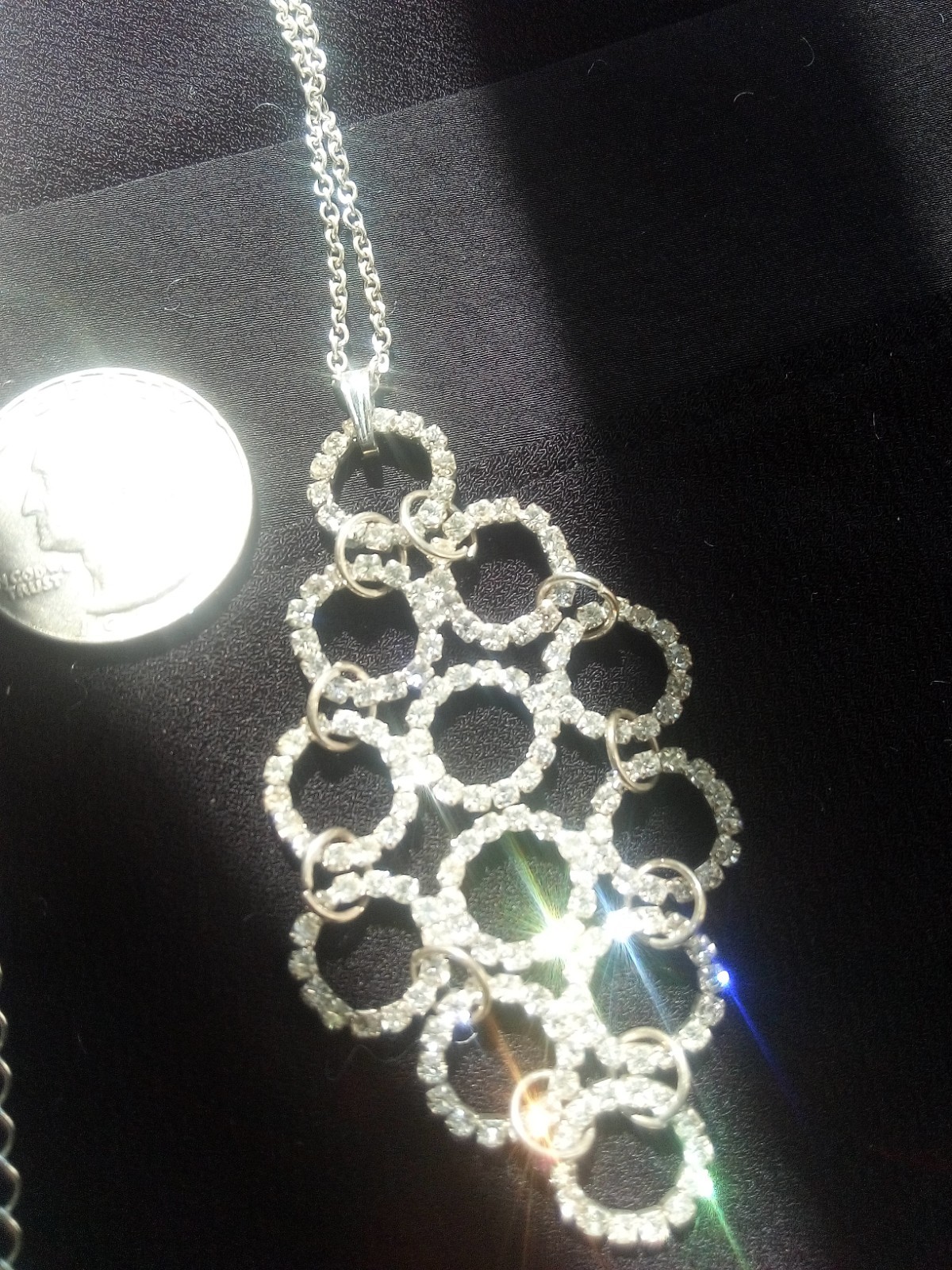 Neckl: 25, 2-1/2″ Pendant of Rhinestone Circles, ST, 17″ Chain, Lobster Clasp