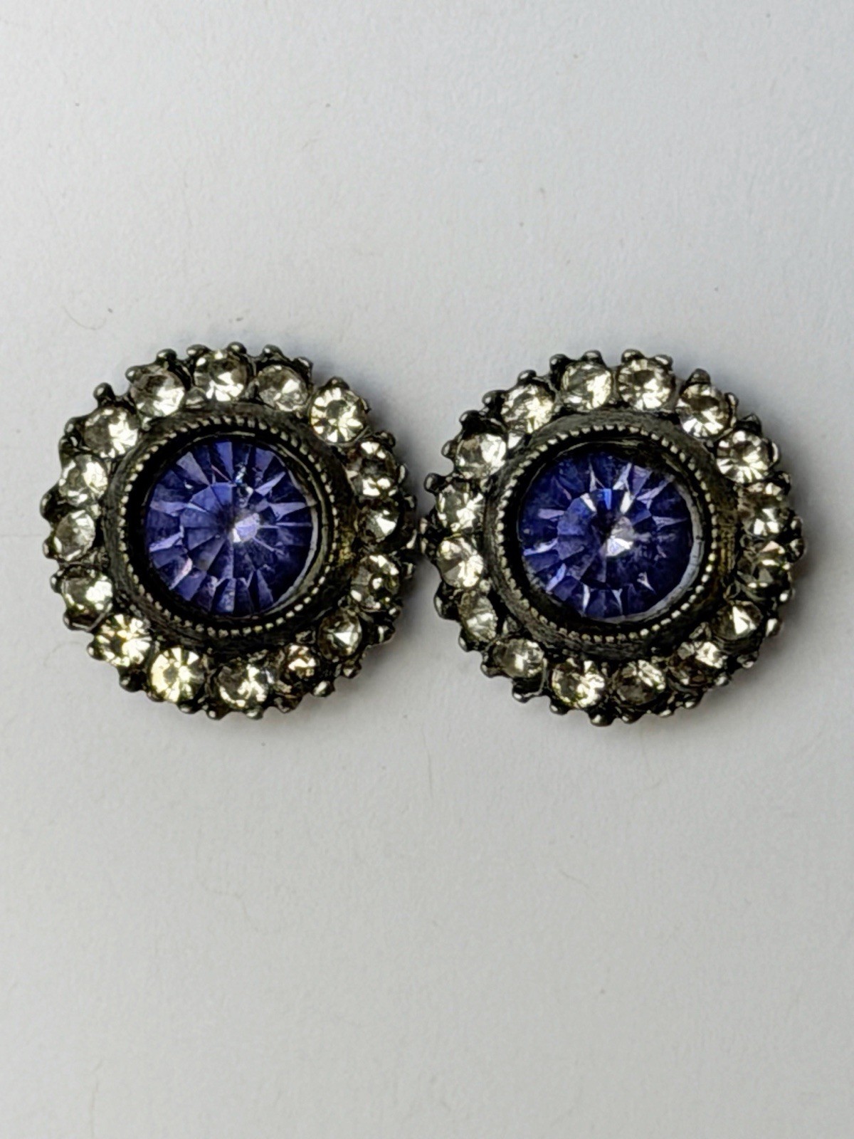 Vintage Purple Rhinestone Halo Stud Earrings, Silver Tone Round Faceted Crystal