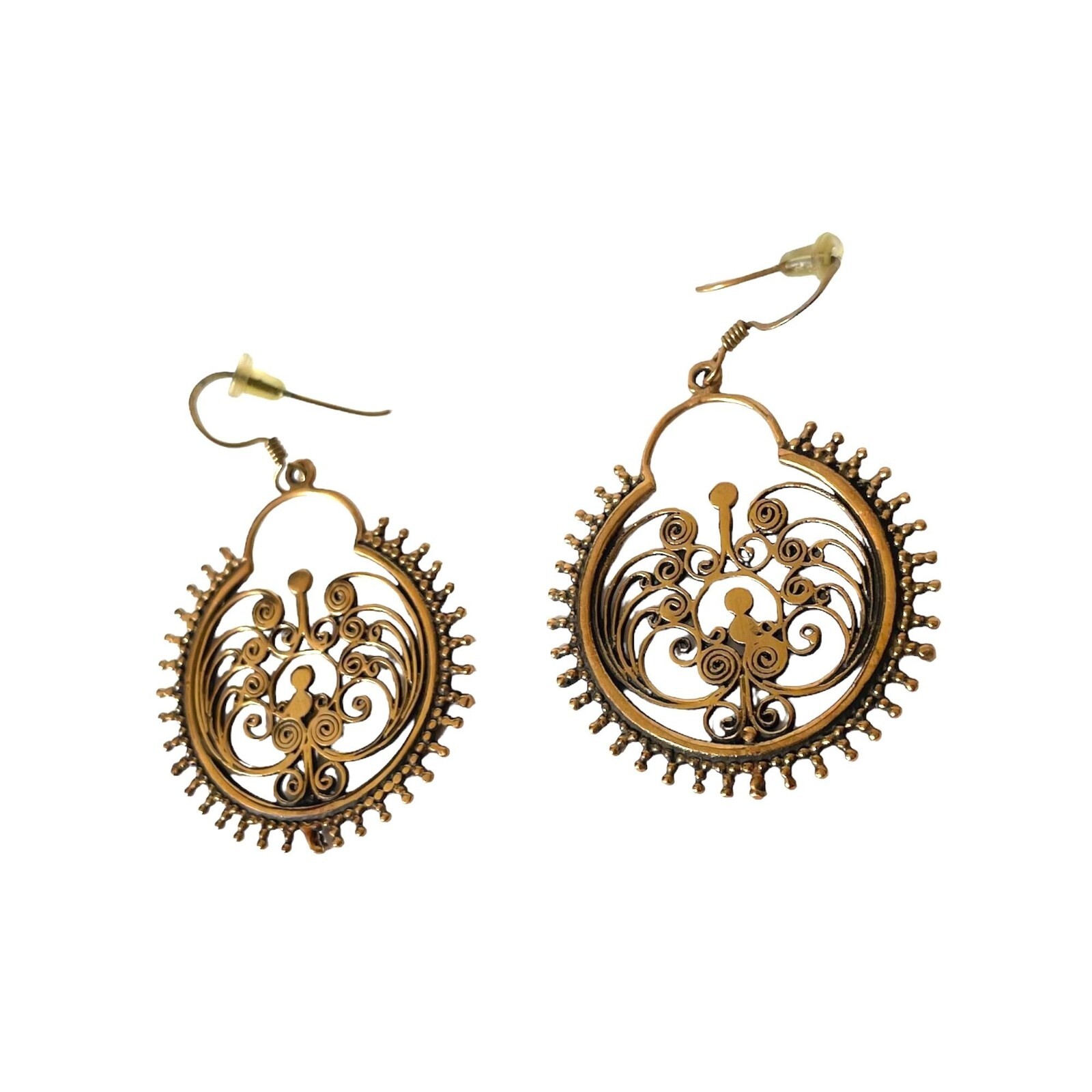 Ornate Filigree Dangle Drop Hoop Earrings Gold Tone Classic Modern Artsy Preppy