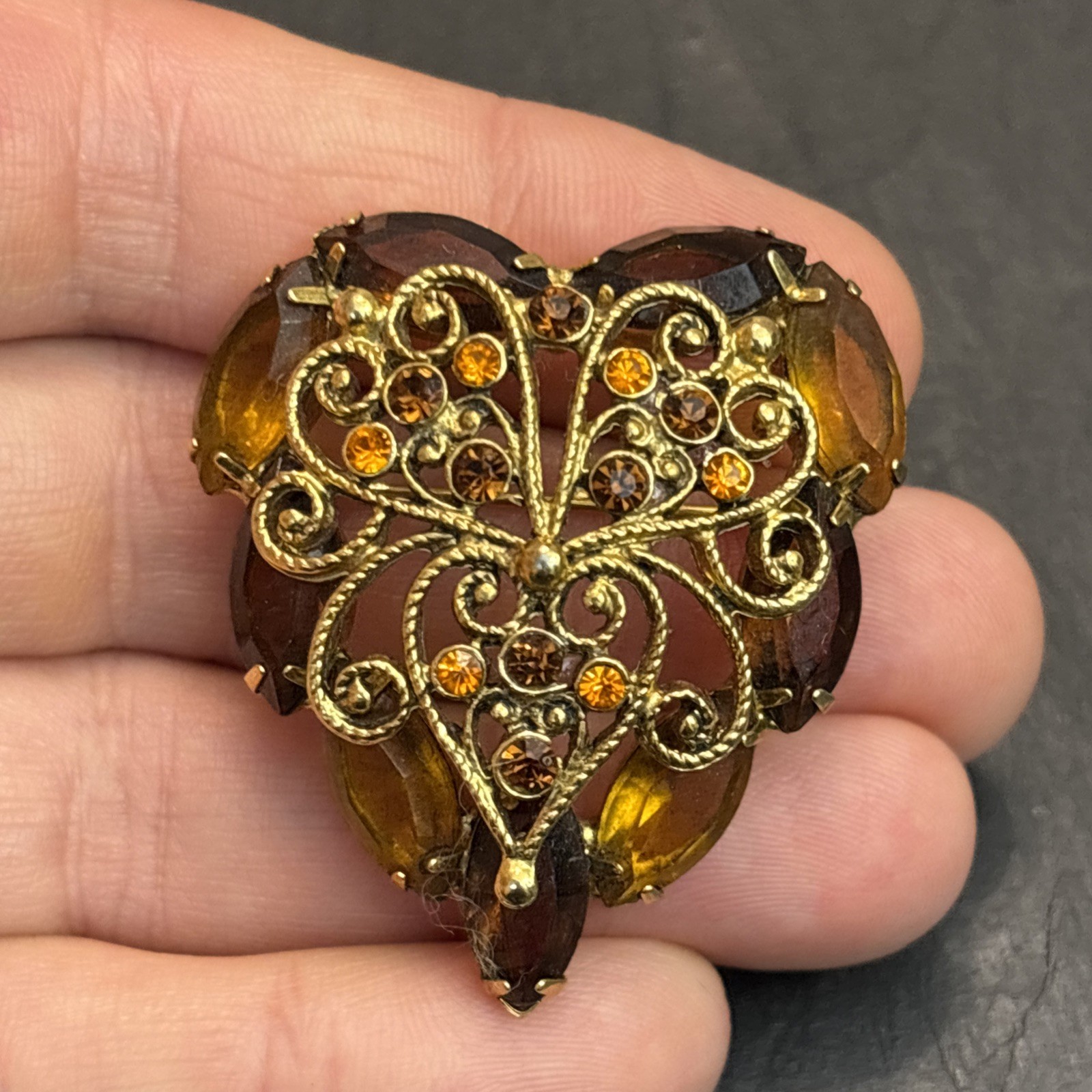 Juliana Delizza Elster Vintage Fall Heart Design Brooch Glass Gold Plated 5c